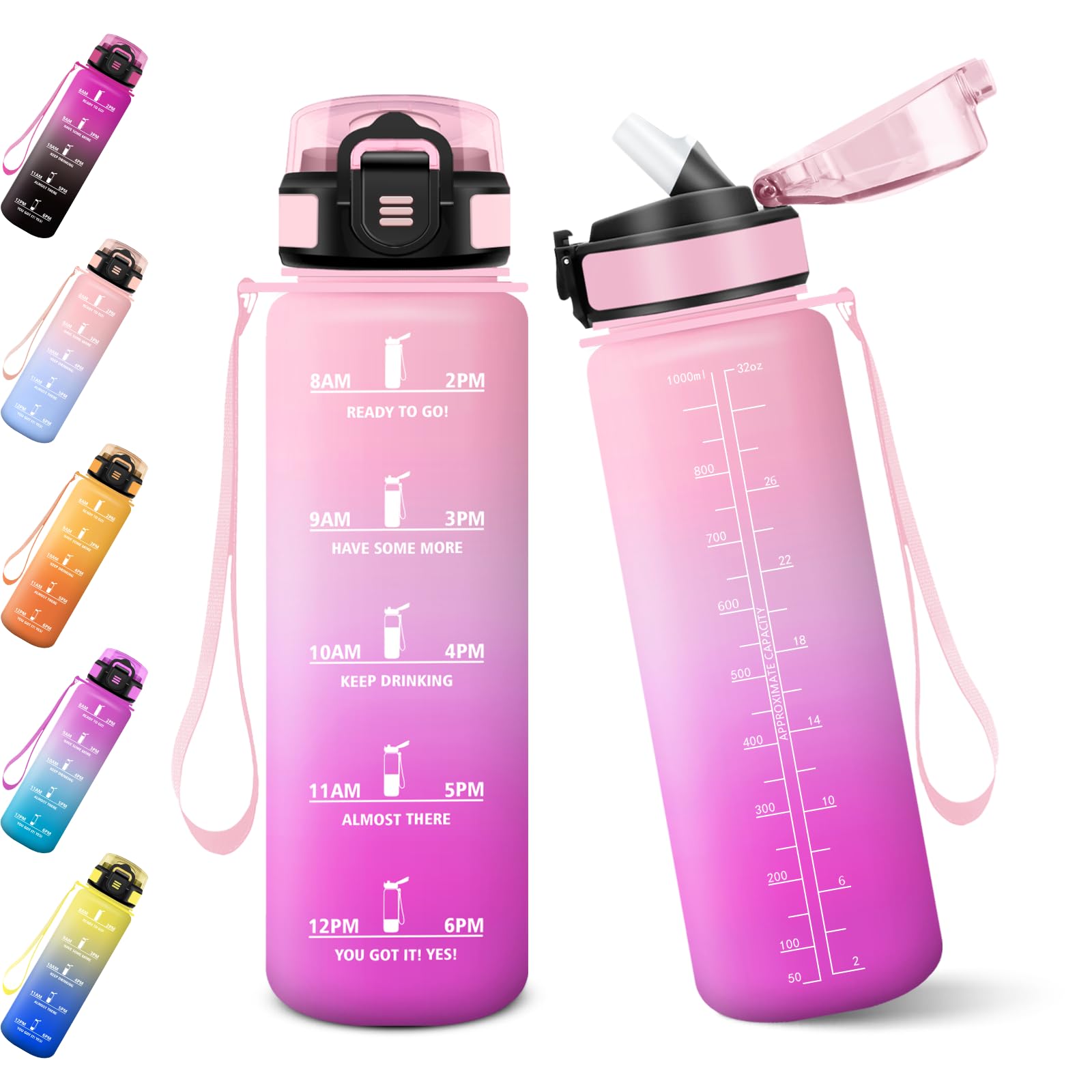 Baramumu 1000ML BPA Free Straw Water Bottle Motivational Water Bottle with Time Marker, Gym Straw Bottle - Light Pink & Pink