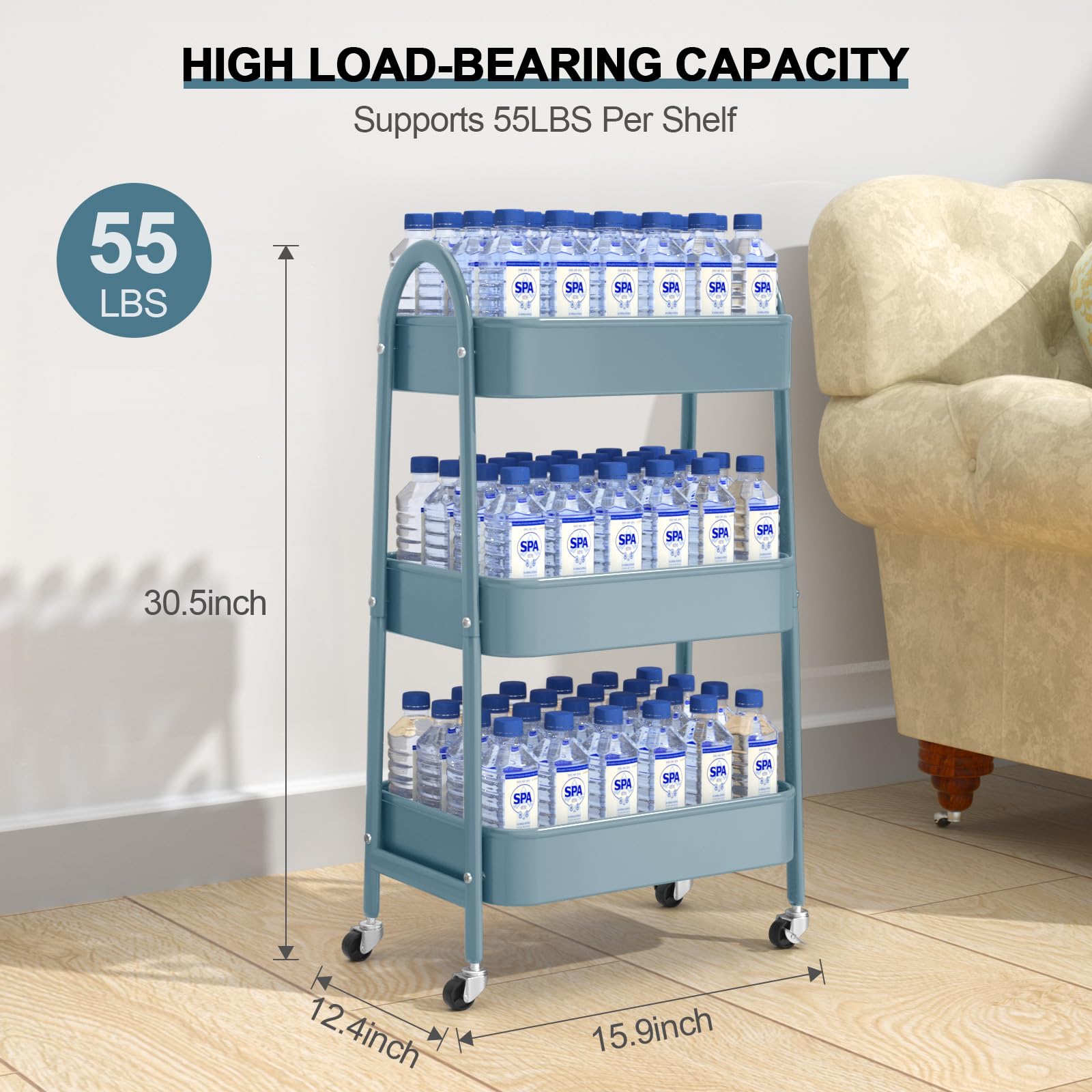 EAGMAK - Carrito utilitario de 3 niveles, carrito de almacenamiento de metal con asa y ruedas bloqueables, carrito organizador de almacenamiento multifuncional con cestas de malla para cocina, sala de
