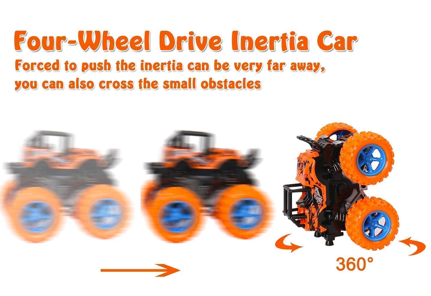 RABBITTOM 4WD Mini Monster Trucks Friction Powered Plastic Truck Big Rubber Tires Push and Go Toy 4 Wheel Drive Unbreakable Diecast Stunt Car Pull Back Mechanism with Jumper Climbing Vehicle 2