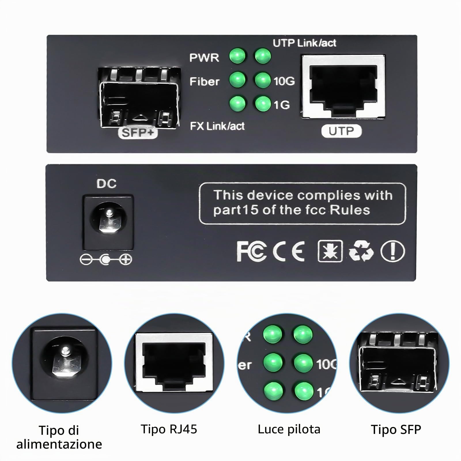 Convertitore multimediale SFP multi-Gigabit 10G, convertitore multimediale Ethernet a 2 porte 10G, 1 x 100M/1G/2.5G/5G/10GBase-T RJ45 a 1x 10GBase-X SFP+ Slot NDAA e TAA, adattatore di