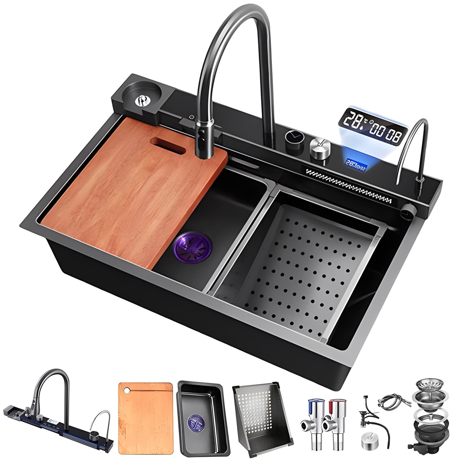 ZQFHSX 68 x 45 cm Kitchen Sink with Integrated Faucet Black Grey Spacious Workstation, Stainless Steel Raindance Waterfall Outlet Pull-Down Sprayer Cup Washer Essential Various