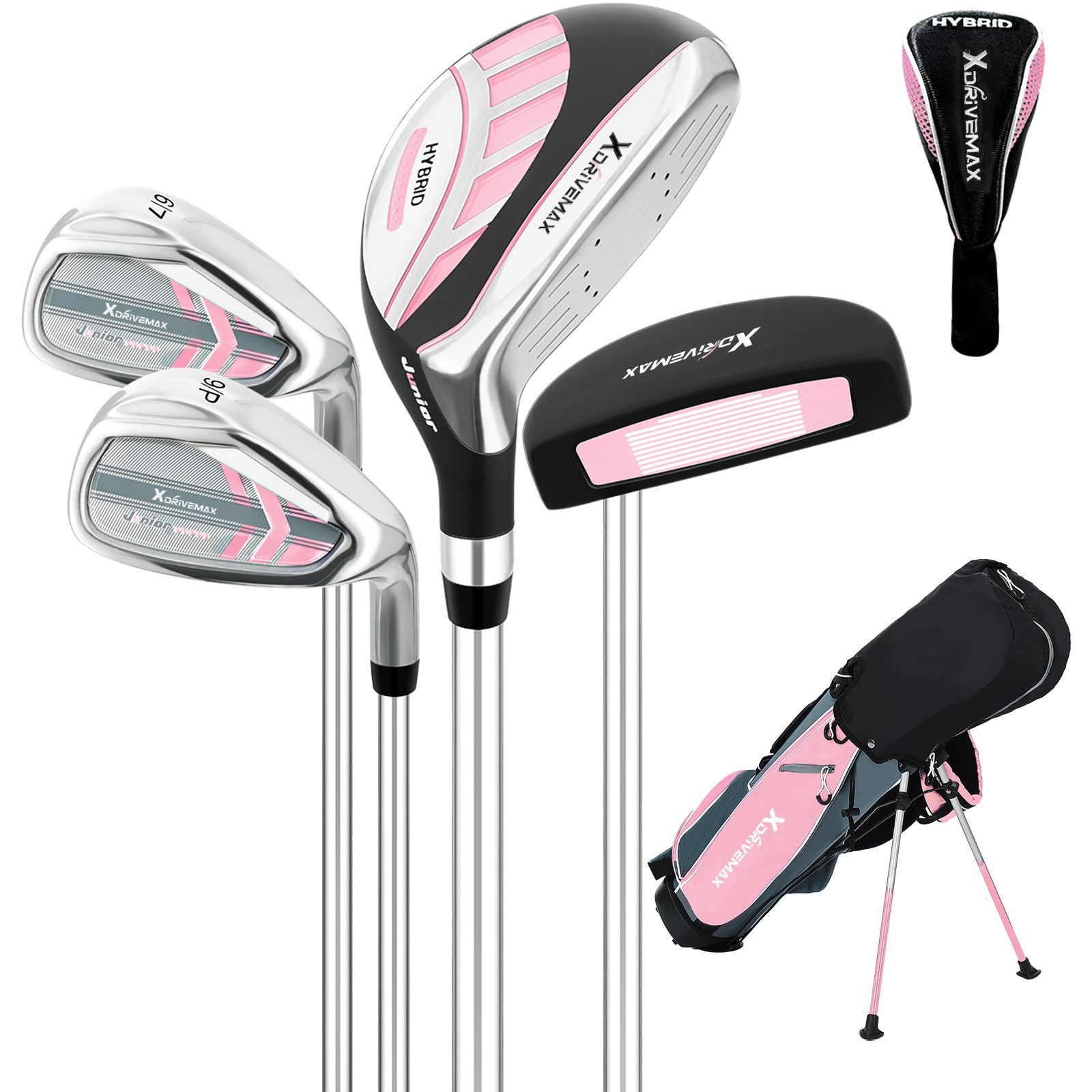 XDriveMax 5/6-teiliges Kinder-Golfschläger-Set, Junior-Golfschläger-Set, Alter 4–12 Jahre, inklusive Standtasche, 1# Drive, 5# Hybrid, 6/7#, 9/P# Eisen und Putter rechte Hand für Jungen und Mädchen