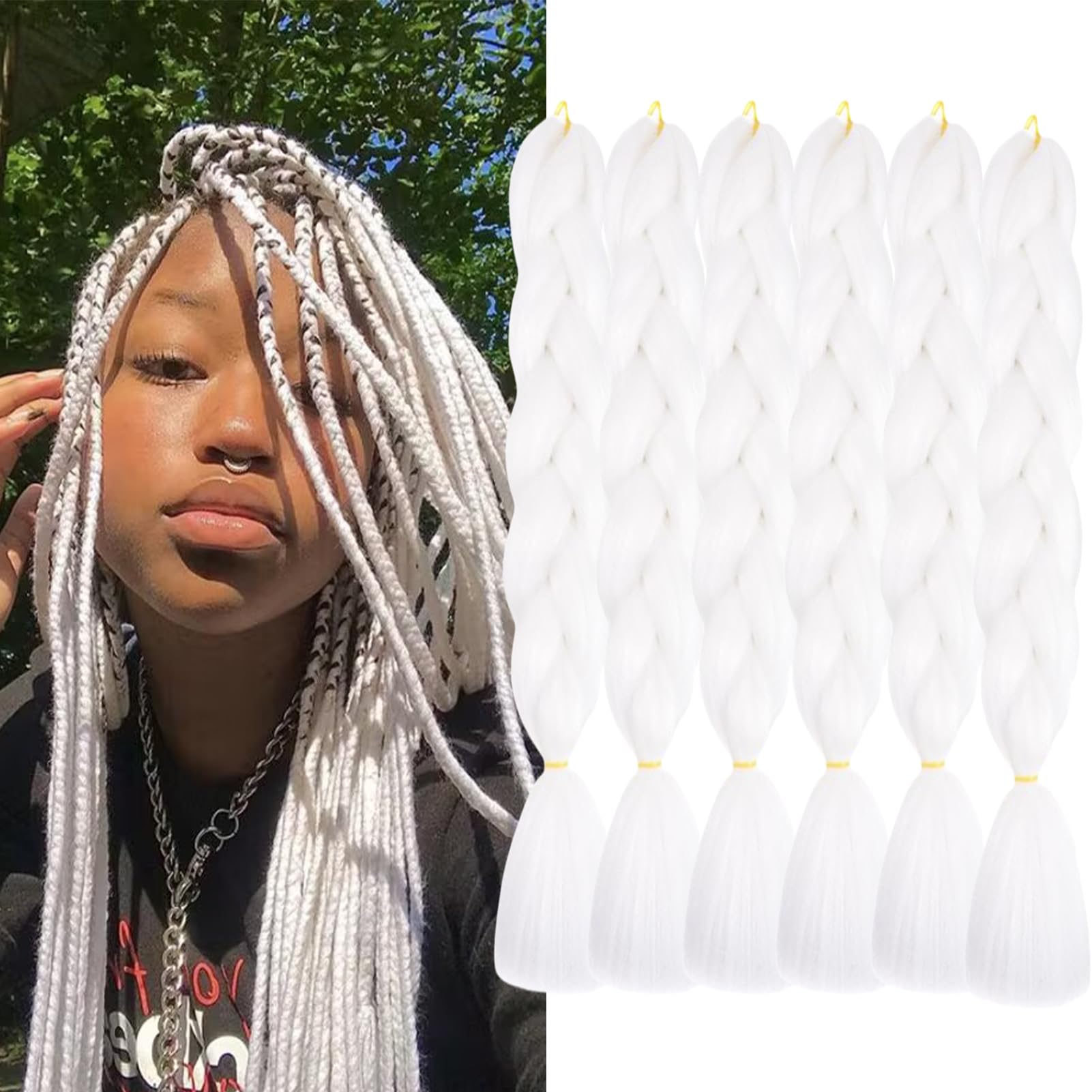 FYRLNA 6 Packs 24 Inch Jumbo Braiding Hair Soft High Temperature Resistance Synthetic Hair Extensions for Women(24 Inch (Pack of 6), White(60#))