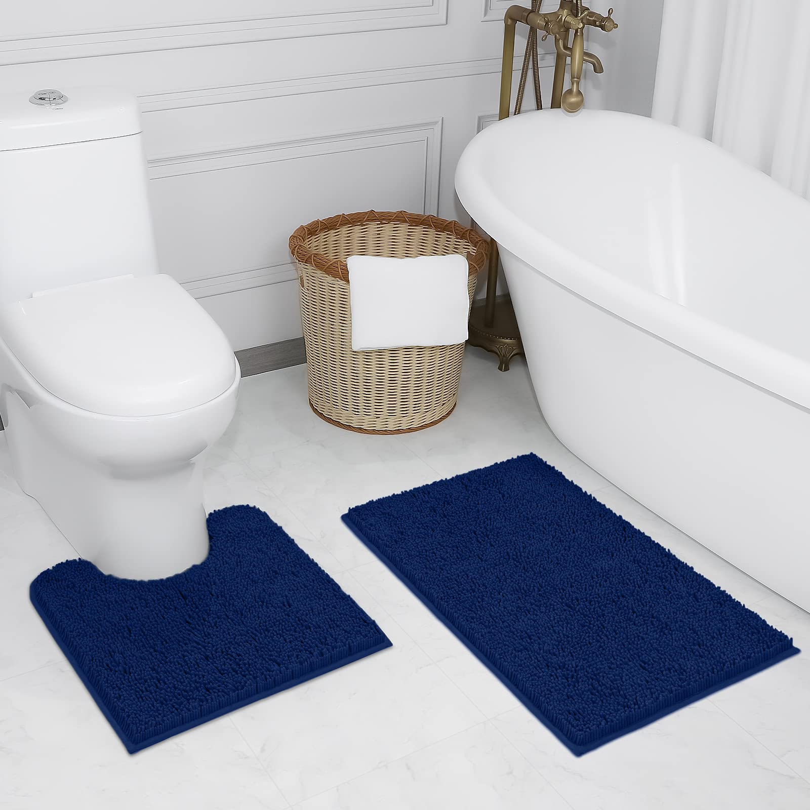 Luxury Chenille Bathroom Rugs Set – Non-Slip, Extra Soft, Absorbent Bath Mats (2-Piece, Navy)