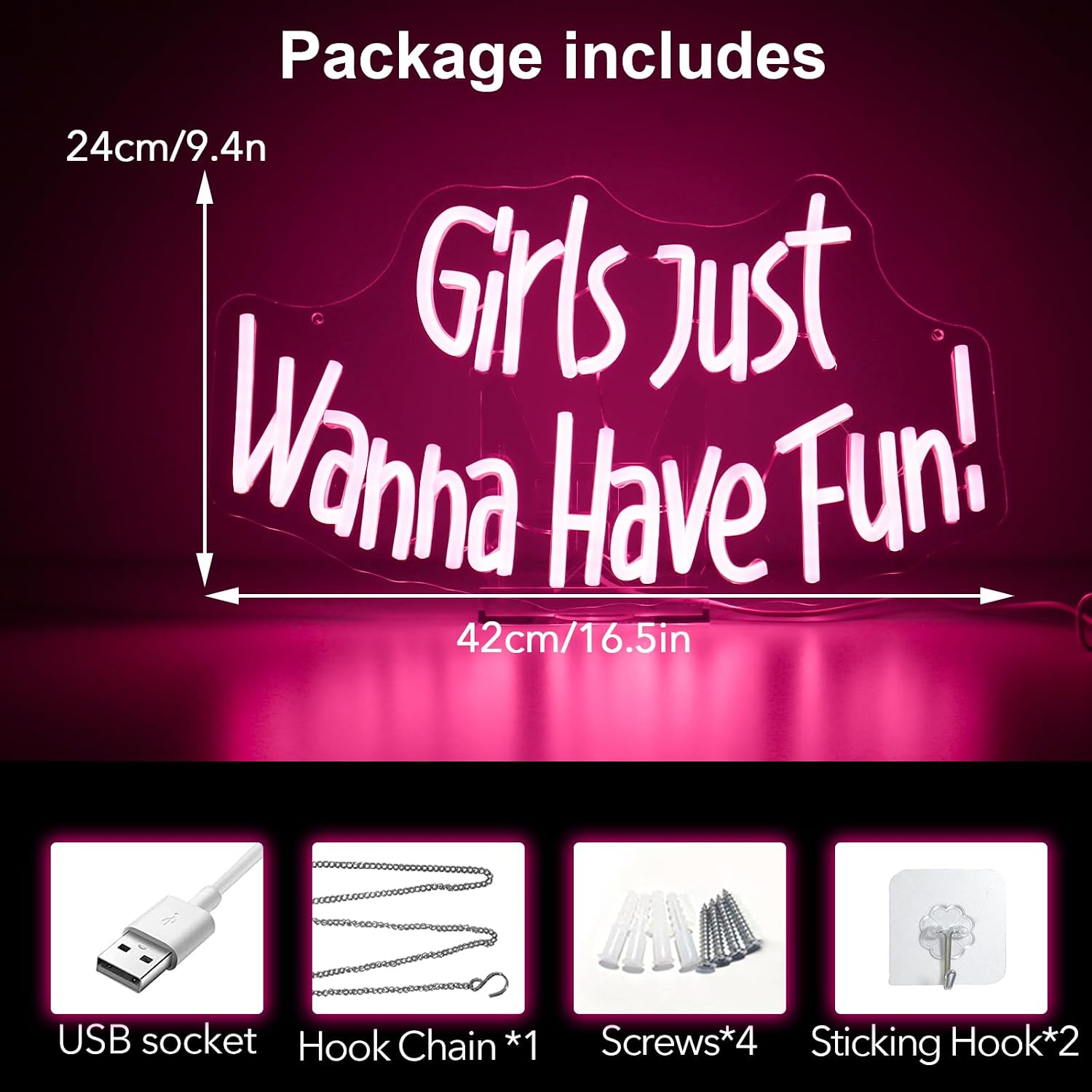 Girl Just Wanna Have Fun Neon Sign,Pink Neon Wall Sign,Hanging Girl Party Neon Light,Girl Night Light For Girl Bedroom Dorm Wall Sign Girls Birthday Bachelorette Party Sign