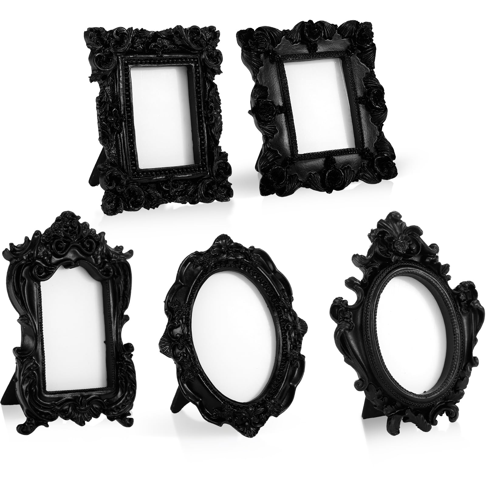 Maitys 5 Pcs Mini Picture Vintage Frames with Stands Tiny Antique Photo Baroque Ornate Resin Oval Frame Table Top Display Home Wedding Decor (Black)