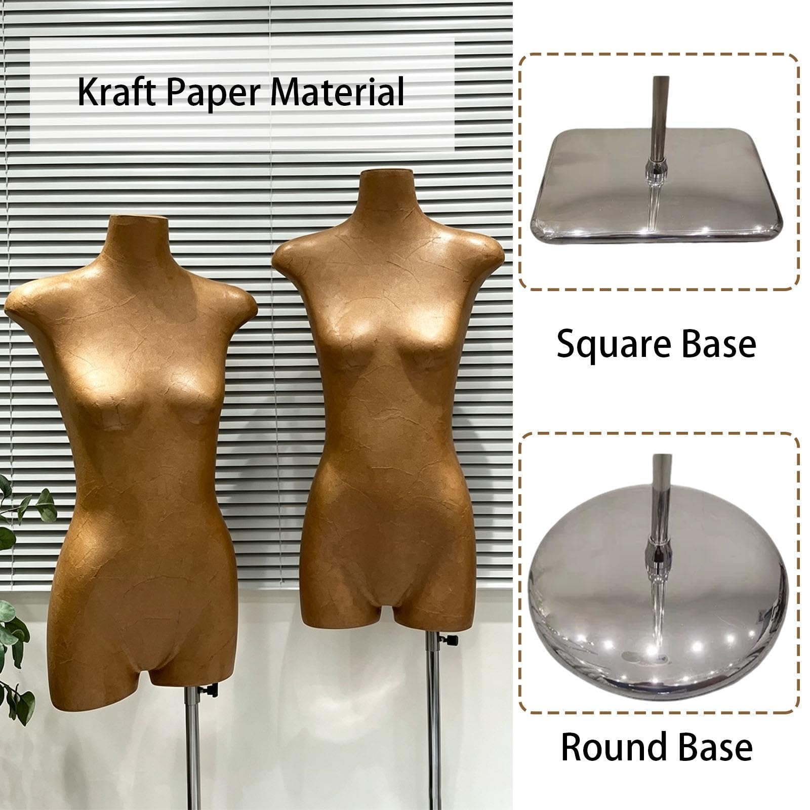 Manichino Torso Schiena Piatta Carta Kraft, Forma Altezza Regolabile Busto | Manichino in Fibra di Vetro, Base Rotonda o Quadrata Metallica, Ideale Vetrine, Esposizioni Abbigliamento(Square)