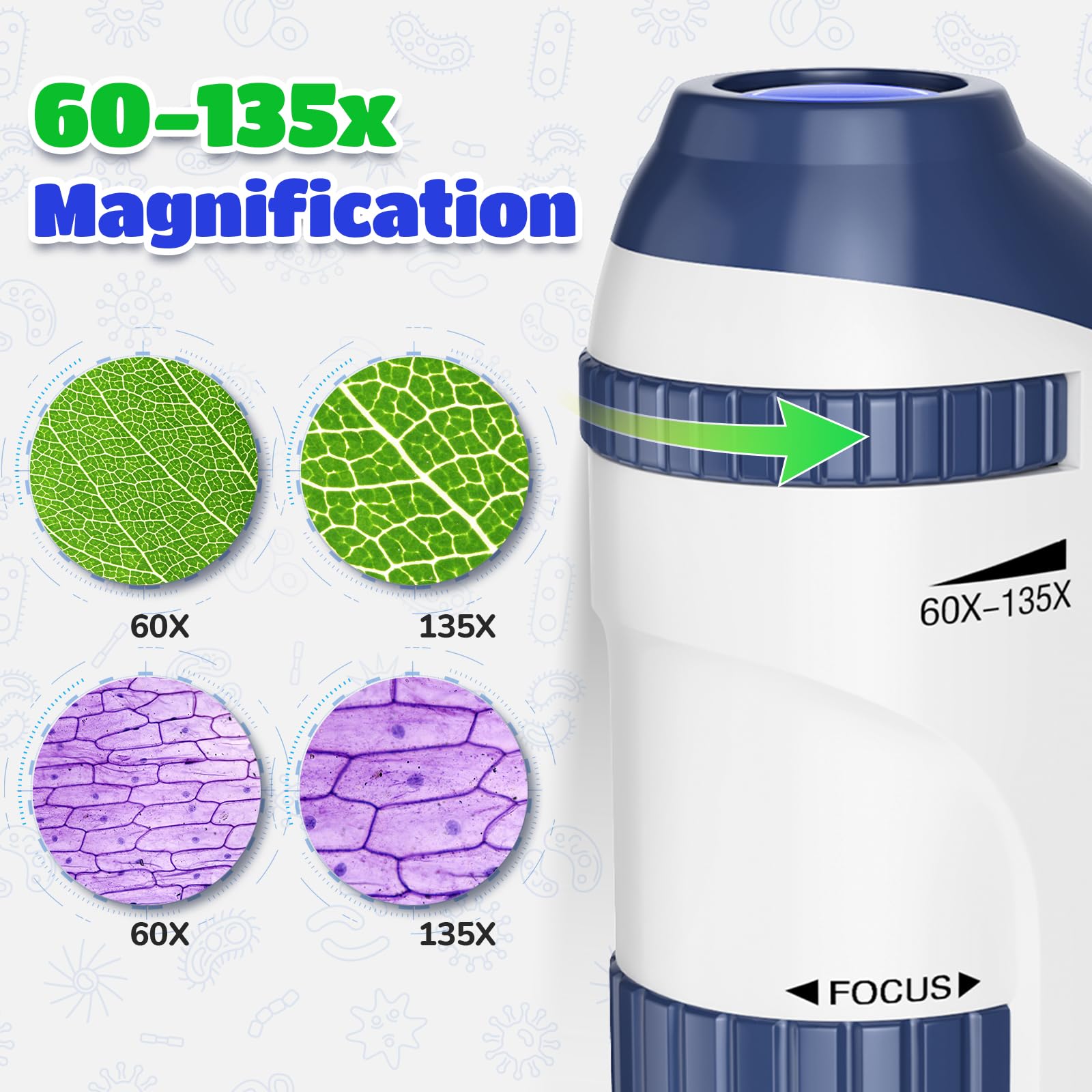 Microscopio Tascabile con Set di Vetrini: 60x-135x Microscopia Mini a LED Microscopio Portatile Bambini Regalo Educativo per Studenti Adulti Osservazione Microbiologica - blu