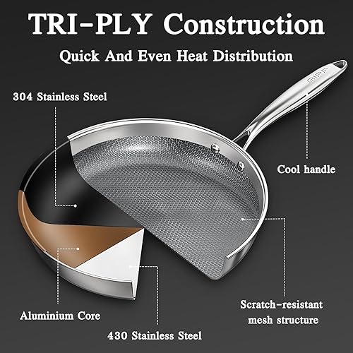 Miniatura 8 de GiPP Sartén de acero inoxidable de tres capas, sartenes híbridas de 12 pulgadas, antiadherentes, aptas para lavavajillas y horno, listas para