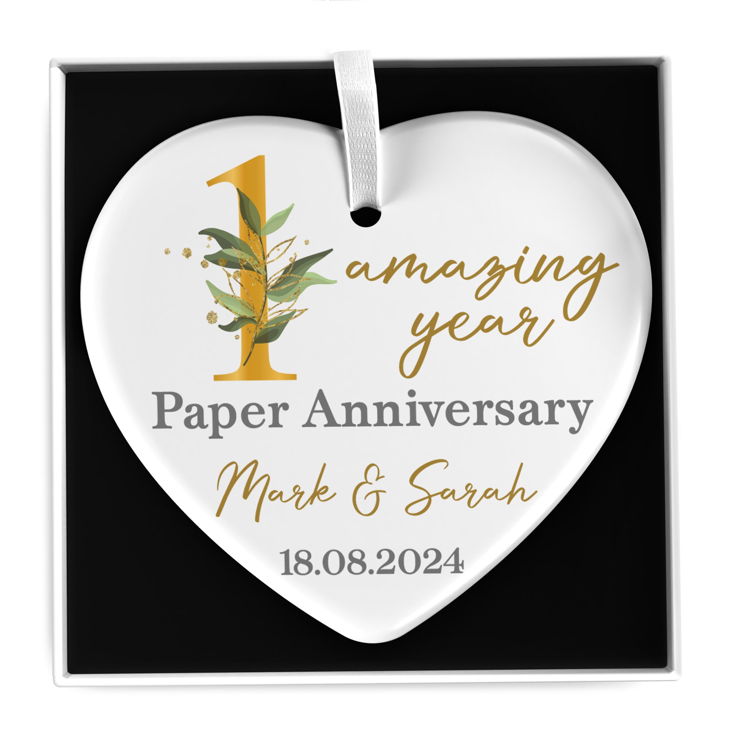 Beecreative 1st Paper 25th Silver 30th Pearl 40th Ruby 50th Golden 60th Diamond Wedding Anniversary Gift Personalised - Special Anniversary Date Gift - Ceramic Ornament With Gift Box