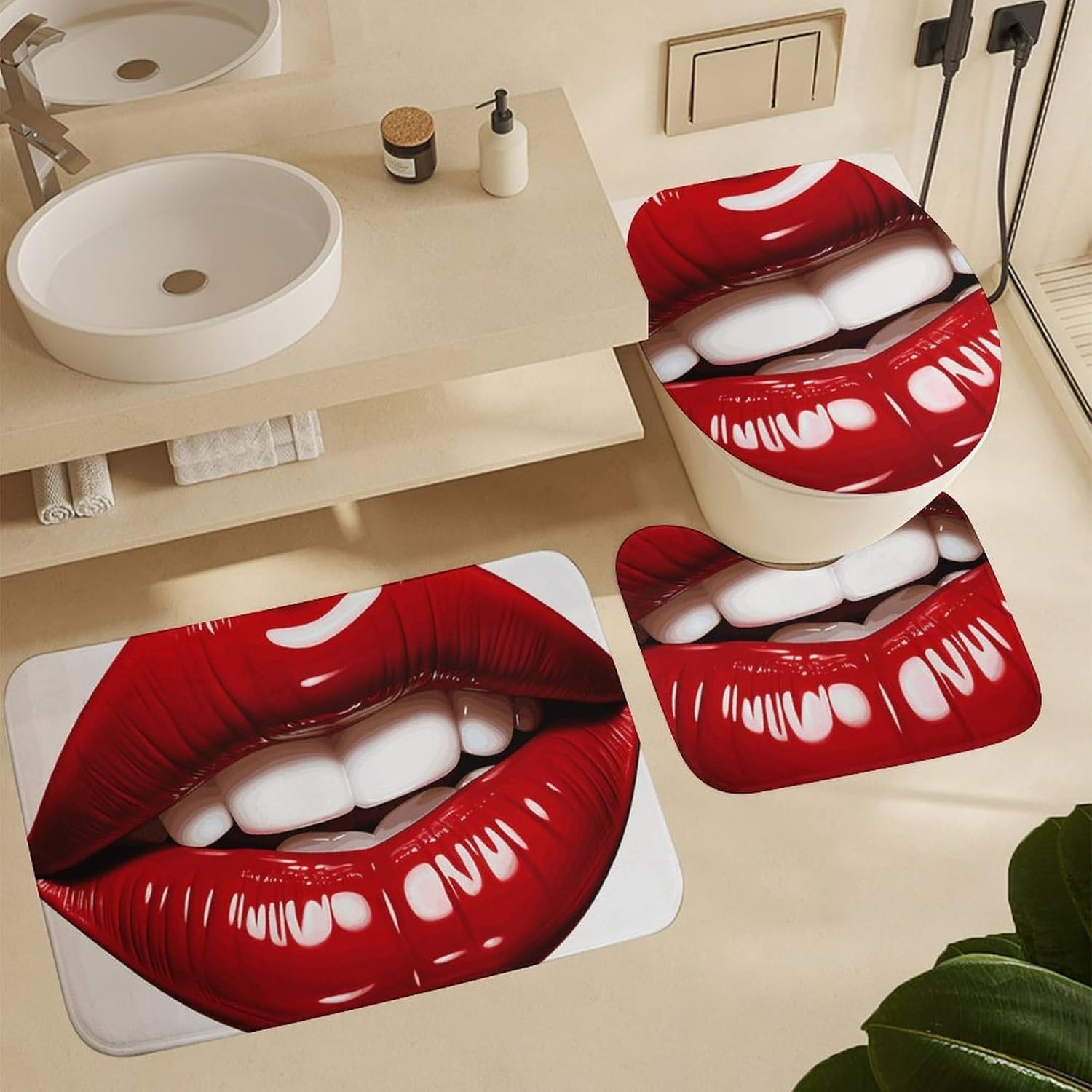 4 Piece Bathroom Rug Set with Shower Curtain, Non-Slip Bath Mat Toilet Cover Set, Cute Graphic Red Lips Bathroom Rug Sets