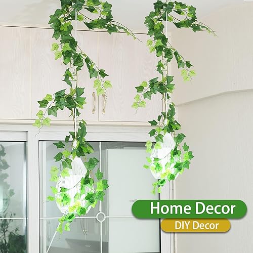 Miniatura 5 de Guirnalda de hiedra artificial de 2 hebras de 6 pies, vid falsa de tacto real con hojas verdes de seda, plantas colgantes de imitación, decoración