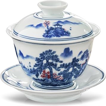 fanquare Gaiwan Chinese Cover Bowl 5.4oz Retro Antique Style Blue Porcelain Tea Service, Gongfu Tea Cup for Home Decor Gift Filming, Handheld Cup with Saucer and Lid