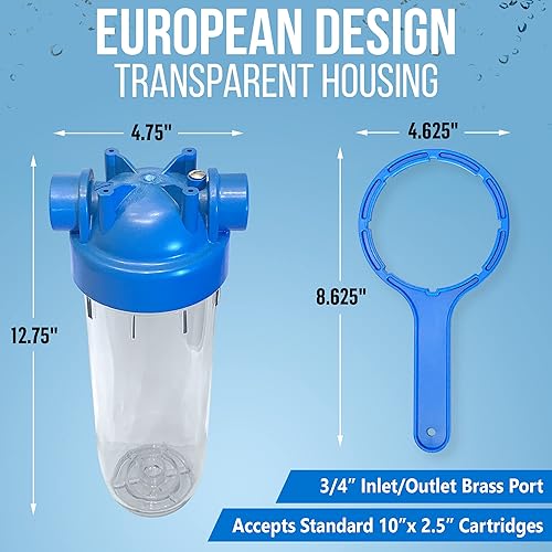 Miniatura 2 de Sistema de filtro de agua estándar transparente de diseño europeo de 10 pulgadas con válvula de alivio de prensatelas, puerto de latón de