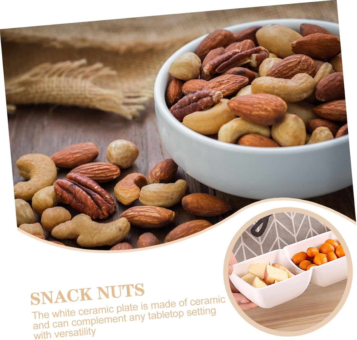 PRETYZOOM Set of 2 Three-compartment Ceramic Snack Bowls with Wooden Handle