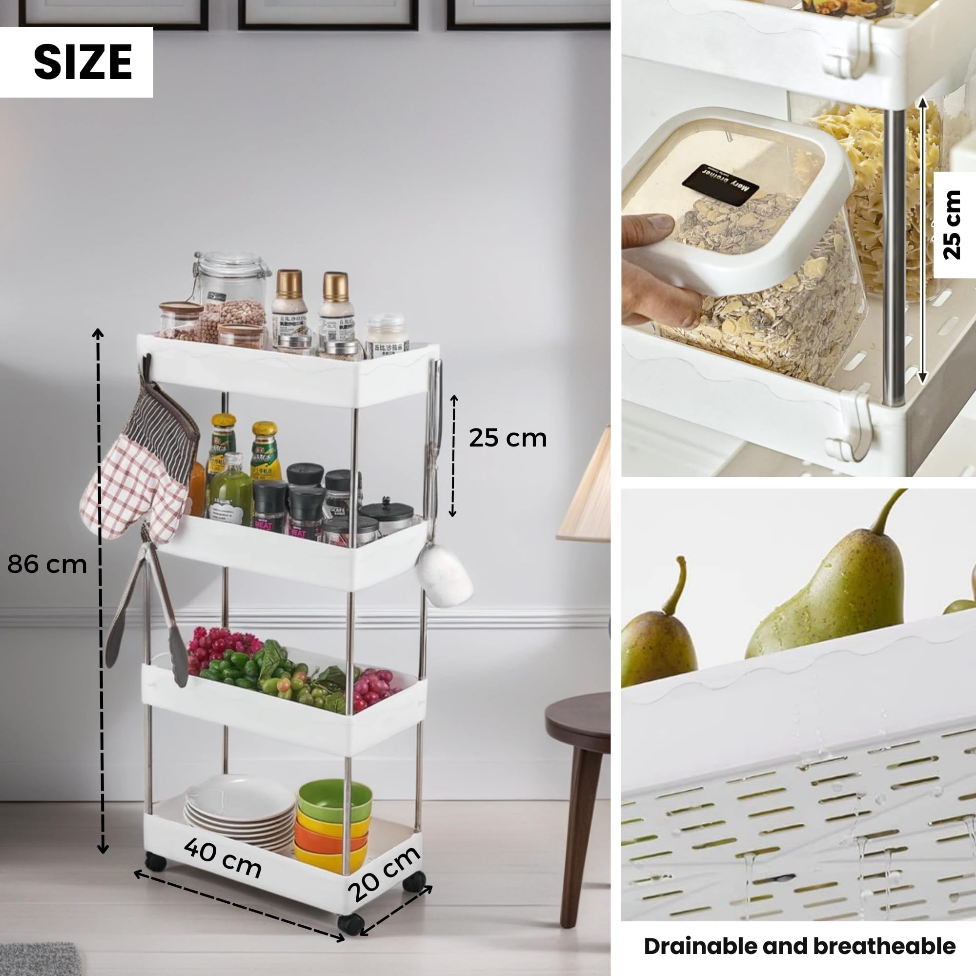 Carrello Portaoggetti da Cucina, Carrello Portaoggetti con Rotelle, Bagno, Facile da Spostare, Ganci Rimovibili, Divisibile, Riporre gli Oggetti Per Cucina o Ufficio. (4 livelli / 86 x 40 x 20 cm)