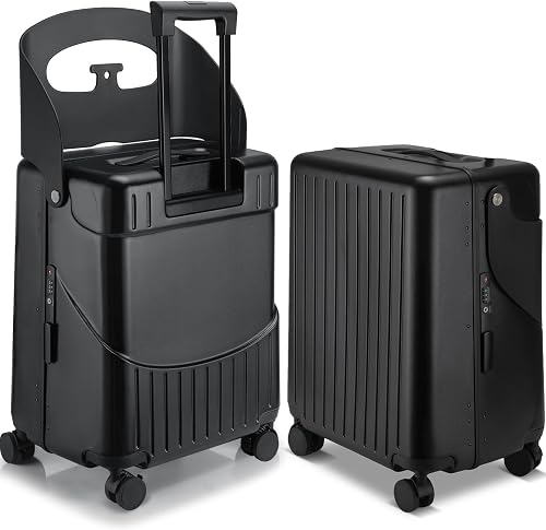 Carry on Luggage with Seat for Kids Expandable Ride on Suitcase with Spinner Wheels and Locks for Travel, Black, 20 Inch