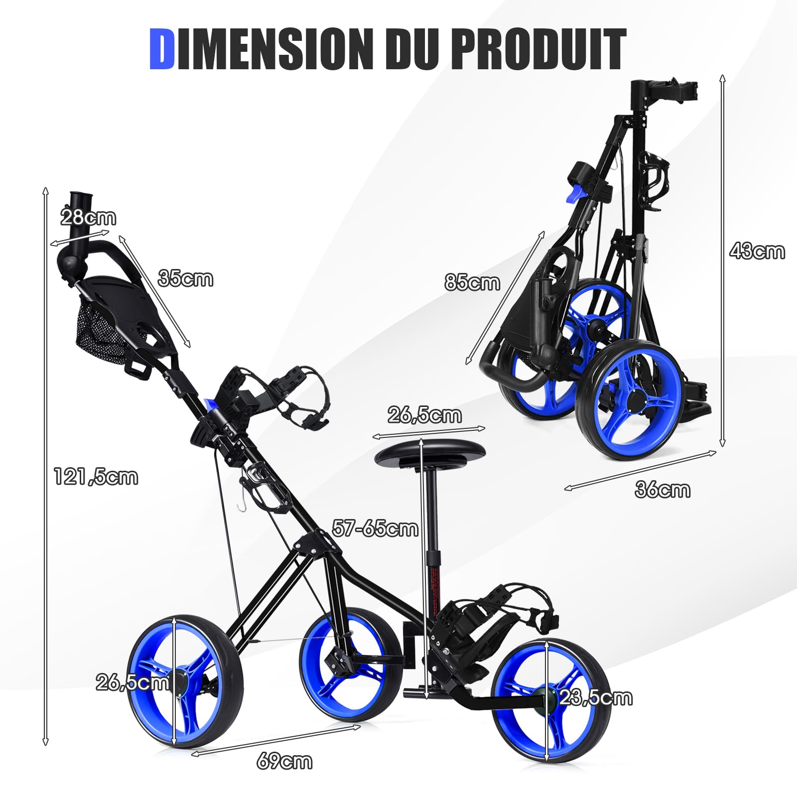 COSTWAY Chariot de Golf avec Siège Poignée Réglable, Voiturettes à Pousser Pliable à 3 Roues avec Tableau de Bord, Porte-Gobelet, Porte-Parasol, Frein au Pied, Roues Amovibles