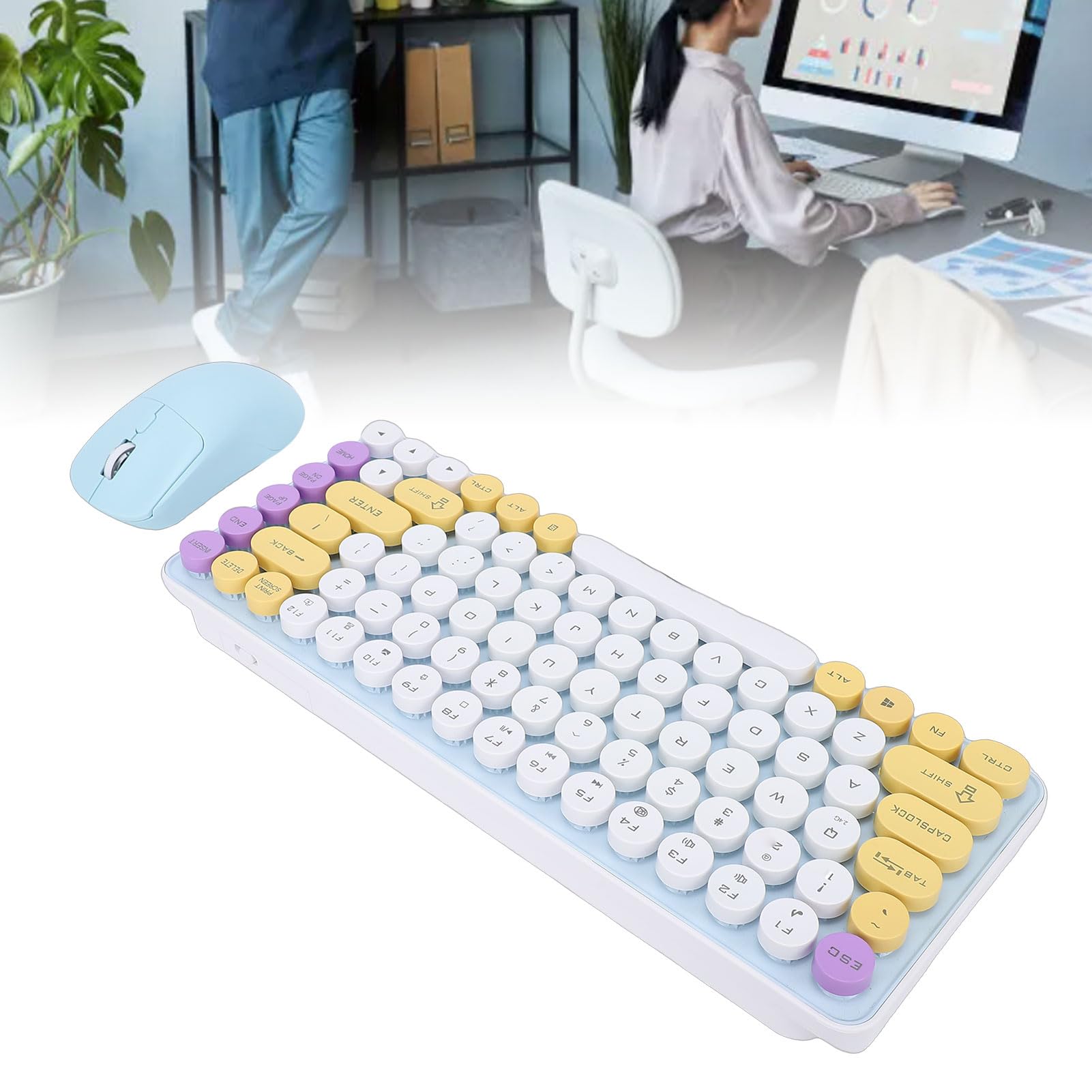 Luocute Set Tastiera e Mouse Wireless, 2.4G 2 modalità Retro Rotondi 85 Tasti con Copritasti Rotondi Rimovibili e Inclinazione di 9 Gradi per Computer PC