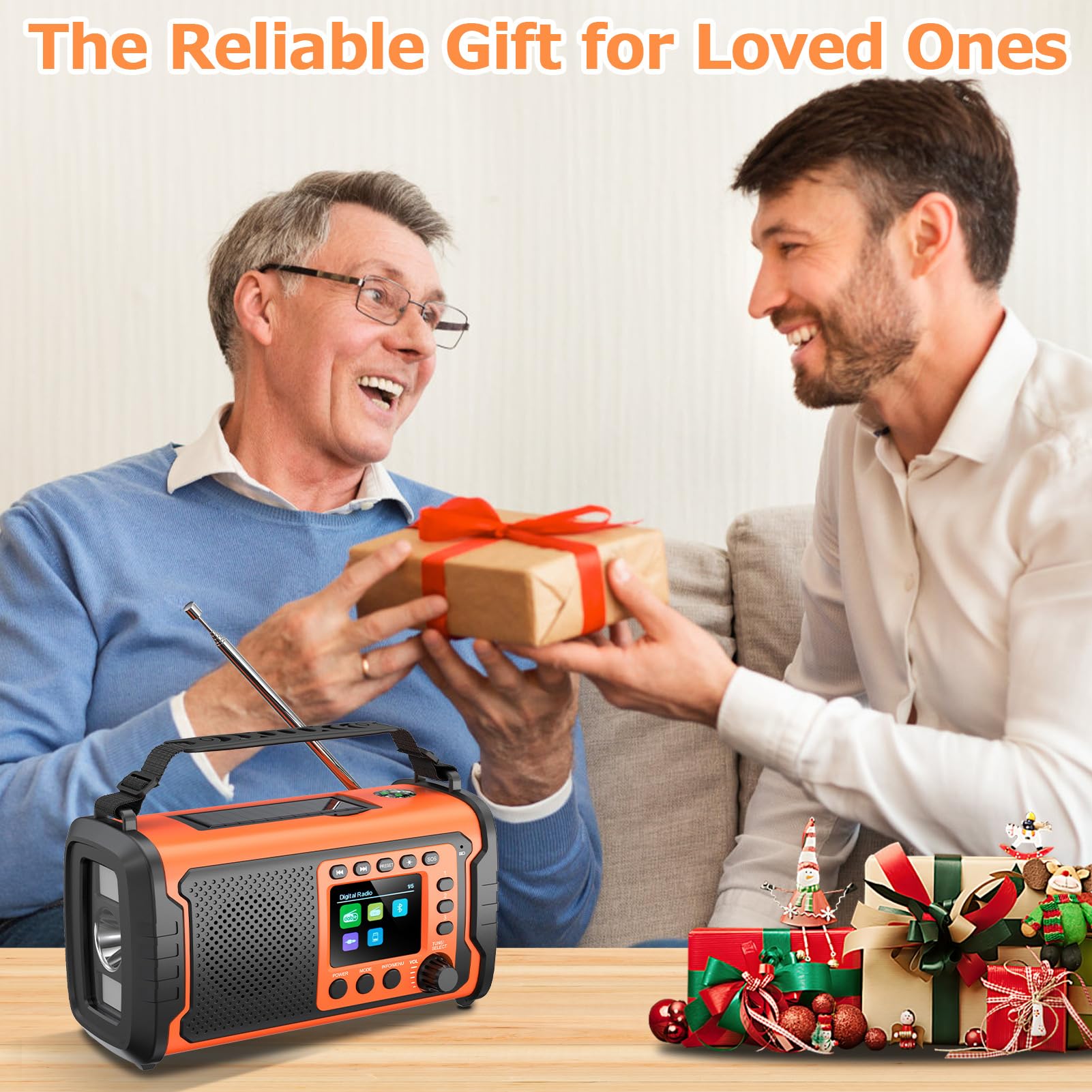 27000mAh DAB/DAB+ Notfallradio mit Kurbel, Solar & USB Laden, Bluetooth 5.3, Powerbank-Funktion, SOS Signal, Heller Taschenlampe, Leselampe, Kompass, TF-Karte und robustem Outdoor-Design, Orange
