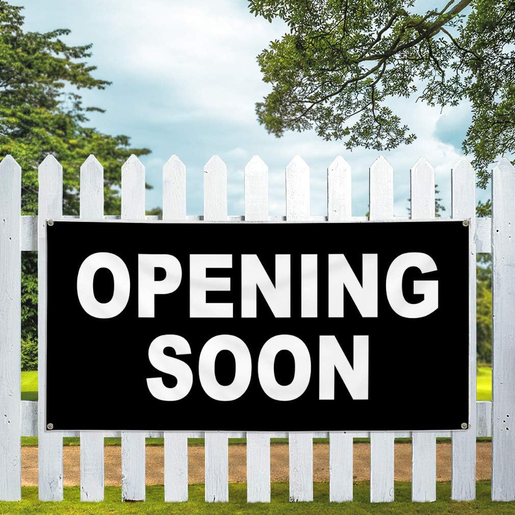 Vinyl Banner Sign Opening Soon Black White Business Marketing Advertising Black - 24inx48in, 4 Grommets, One Banner