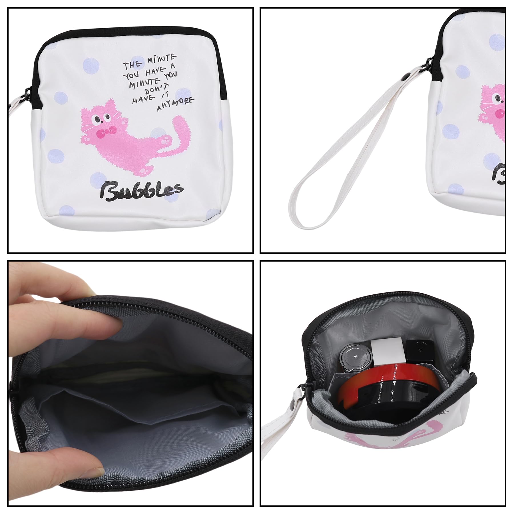 Period Bag Feminine Pads Storage Bag with Wrist Strap PU Tampon Holder Organizer Pouch Small Square Make Up Bag,Pink Cat