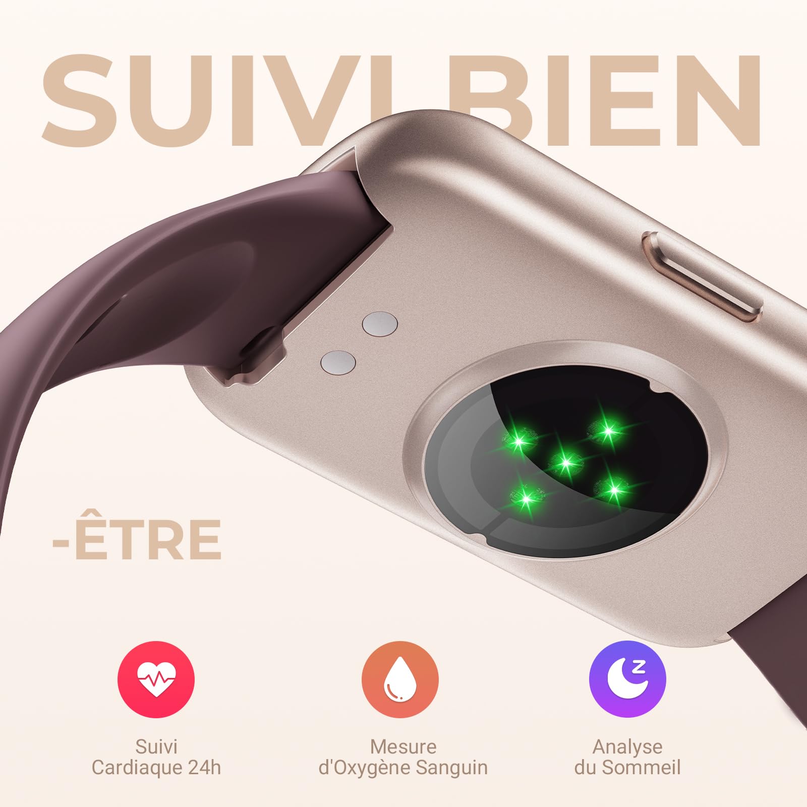 Montre Connectée Femme Homme Petit, 1,47'' Bracelet Connecté avec Fréquence Cardiaque, SpO2, Suivi Sommeil, Montre Podometre, Etanche 3ATM Smartwatch pour Android iOS, Or Rose Mat/Violet Fumé