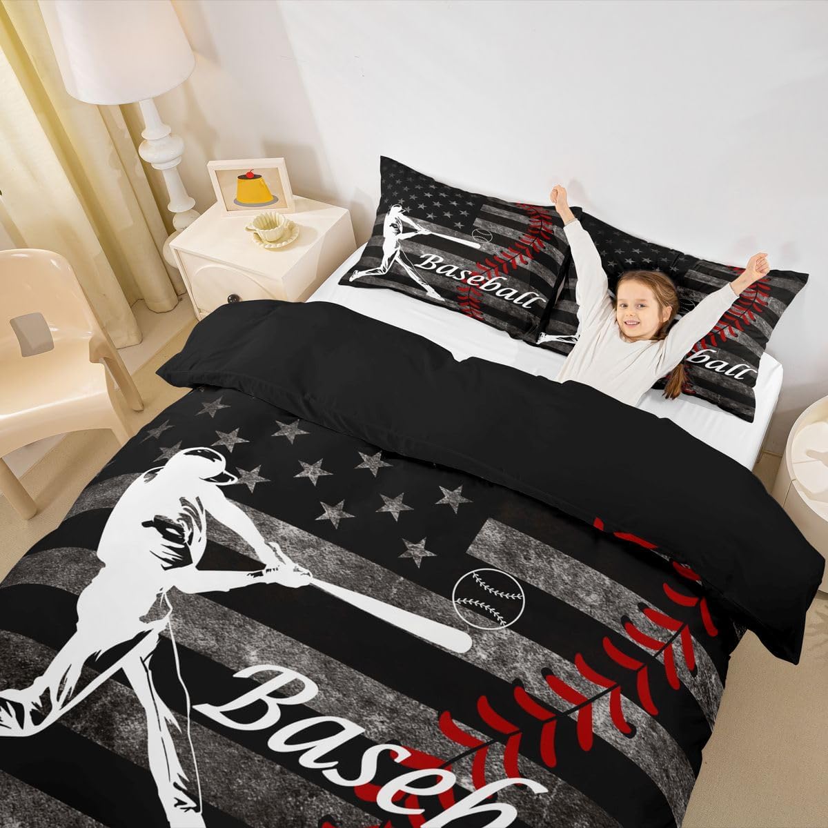 Erosebridal Boys Baseball Bedding Set Vintage American Flag Duvet Cover Queen Size for Adult Girls Kids Ball Games Sports Theme Comforter Cover Retro USA Flag Print Bedding Grunge Stripes Star Decor