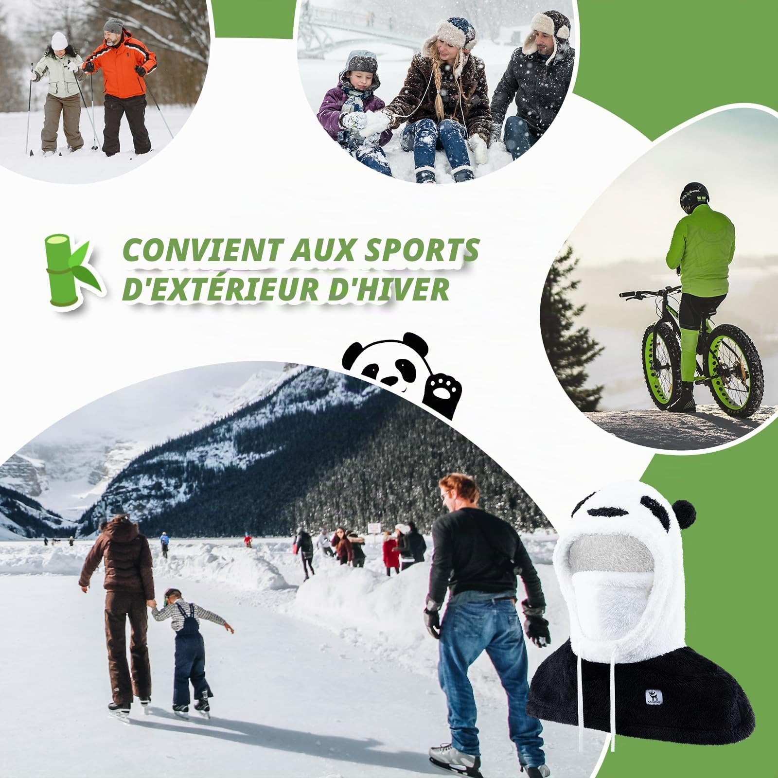 Cagoule Panda Parent-Enfant Hiver Masque Intégral Écharpe 2 en 1 Balaclava Épais Coupe-Vent Charmant Polaire Réversible Moto Vélo Ski avec Casque Casquette Cordon Serrage Noir Blanc S/M/L
