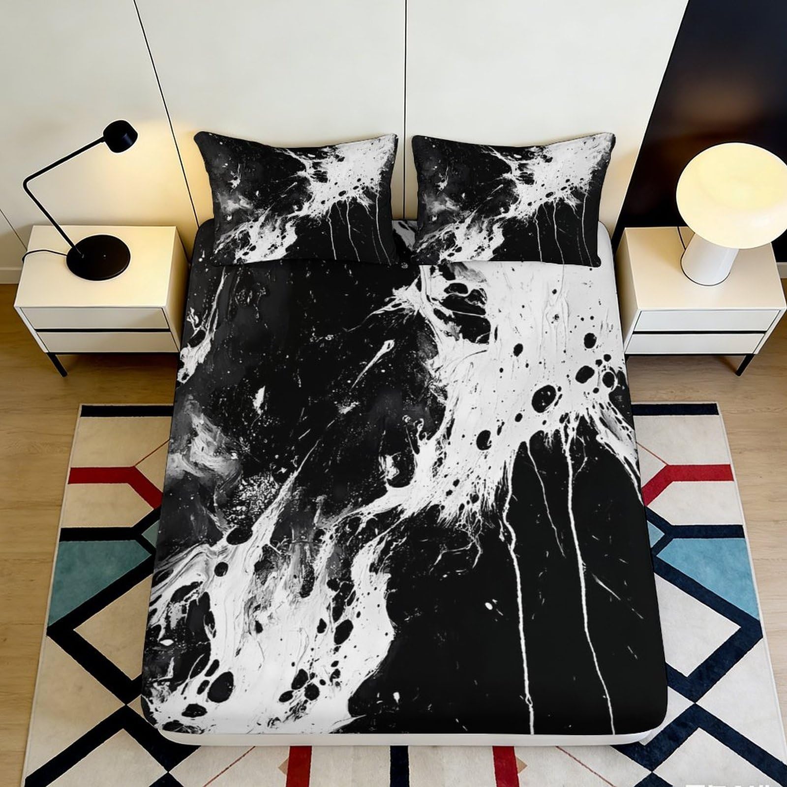 3D Printed Black and White Abstract Fitted Sheet Microfiber Durable Soft 3D Ink Splatter Mattress Cover for Bedroom Dorm Dormitory Guest Room 160x200x25cm