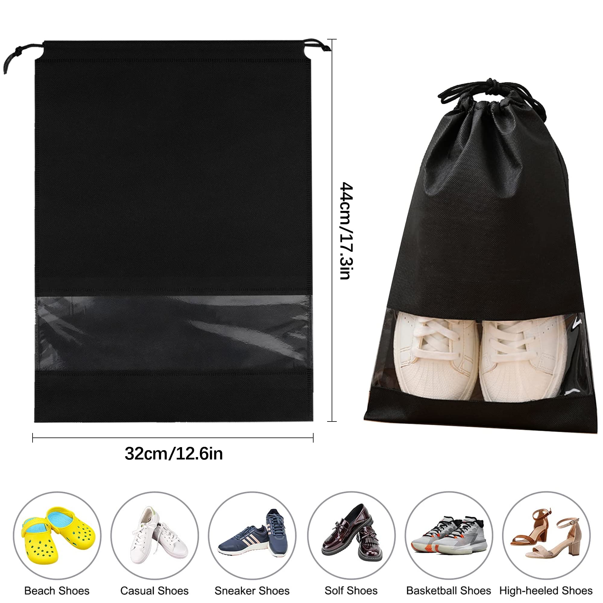 12pcs Non Tessuto Sacchetti Scarpe da viaggio Nera Impermeabile Antipolvere Sacchetti per Calzature con Finestrella Trasparente 44x32cm