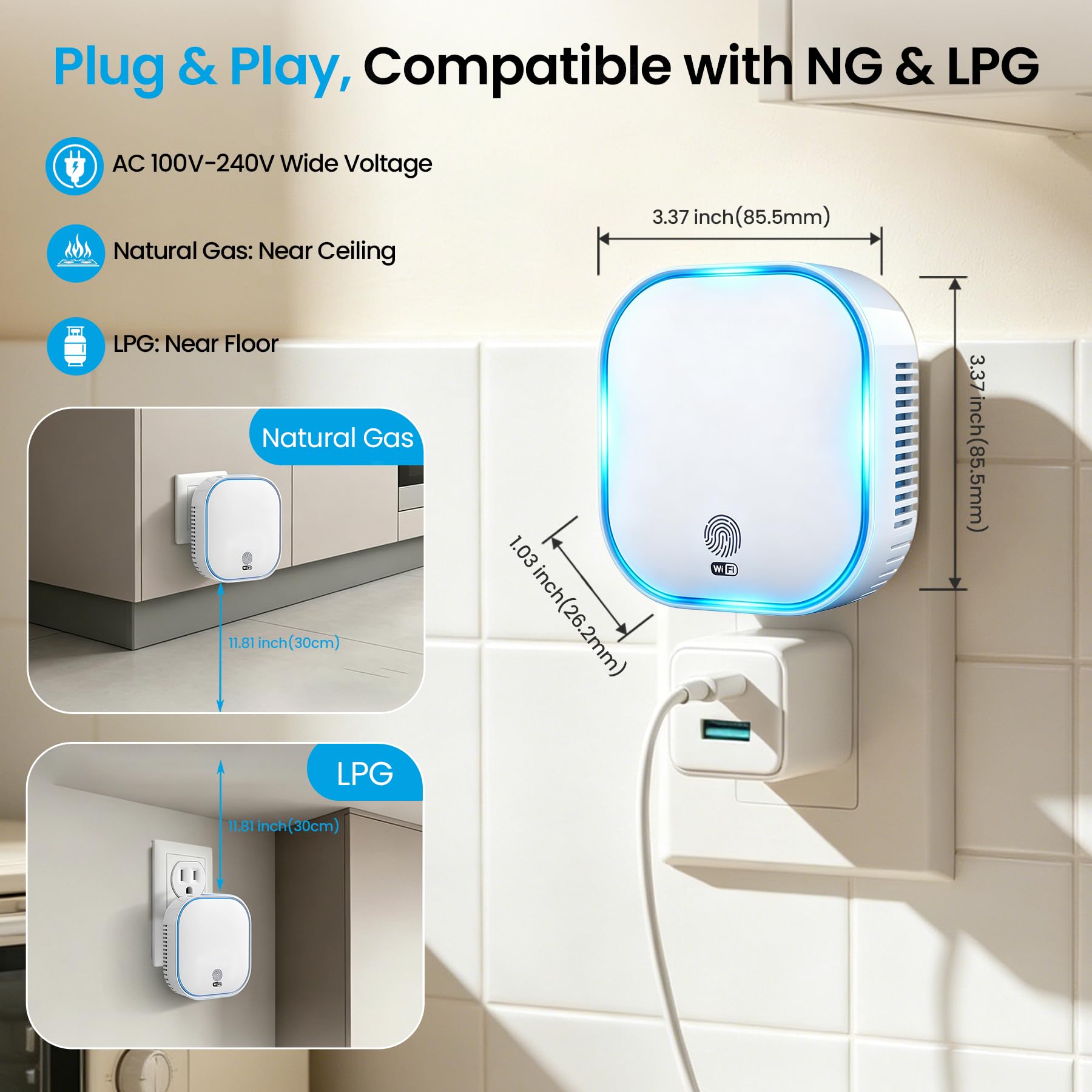 BoundlessBrothers Detector de Gas WiFi para Enchufe, Alarma de Gas Doméstica según EN 50194, Detector de Gas Plug-in con App Tuya Smart, WiFi 2,4 GHz, para Gas Natural, Metano, Propano, Butano