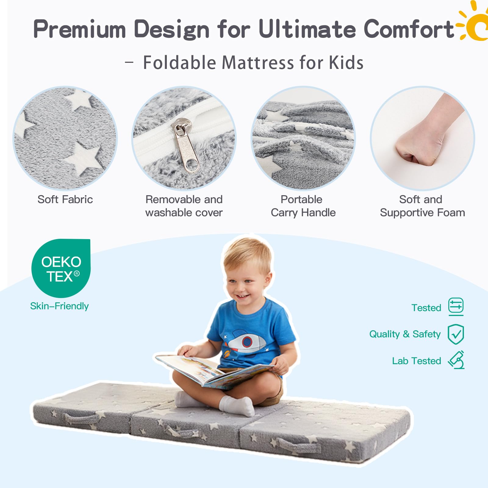 Tiita Trifold Bodenmatratze für Kinder, 145 x 56 x 8 cm Glow in The Dark Baby Kinder Futon mit abnehmbarem Bezug, Portable Schaumstoff Kleinkind Nap Matte mit Aufbewahrungstasche, Grey Star