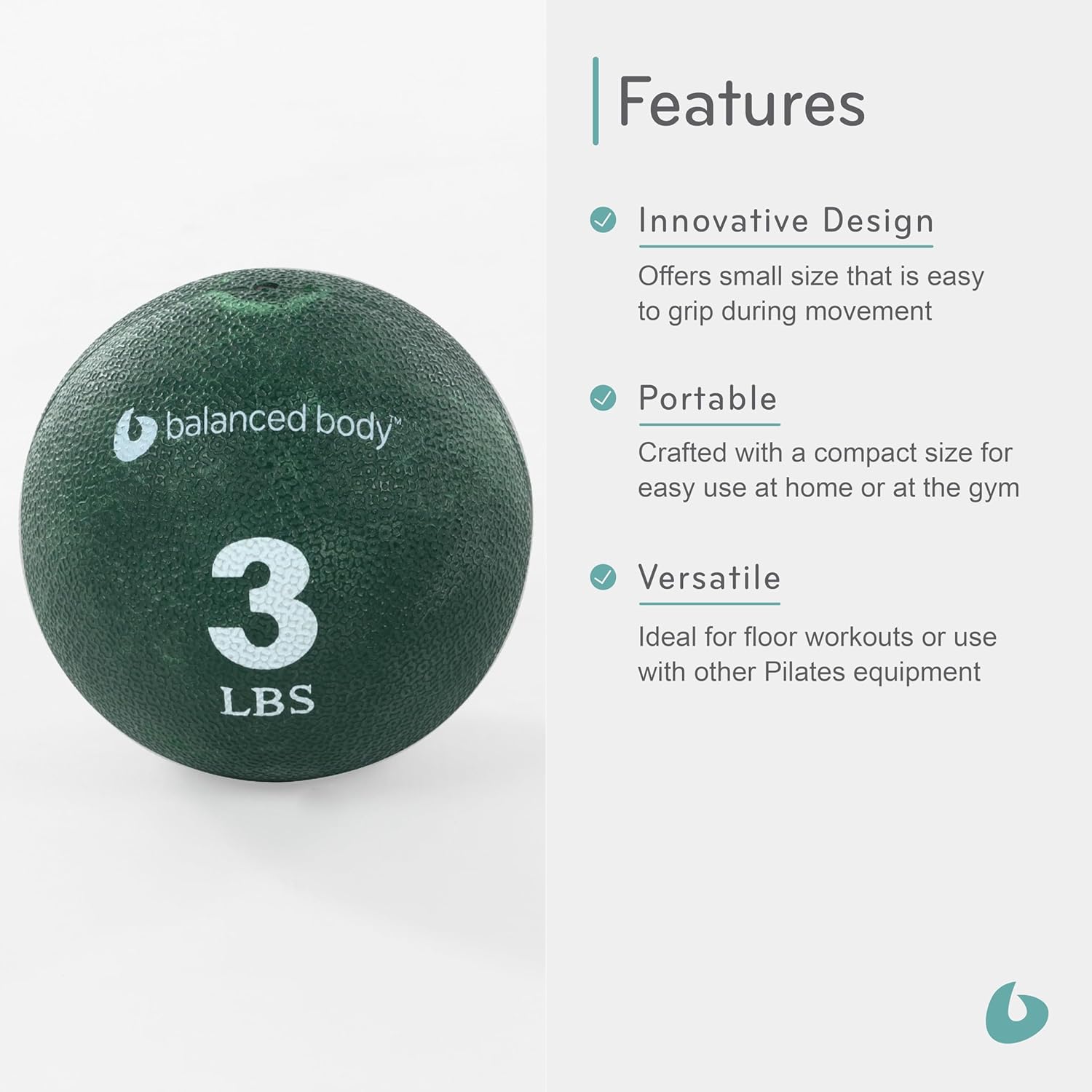 Balanced Body Weighted Ball, Pilates Exercise Ball for Home Exercise Equipment or Pilates Studio, 3 Pounds, 3 1/2-Inch Diameter, Green