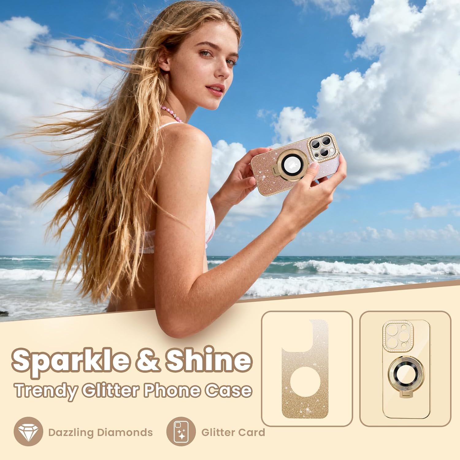 Luxury Bling Diamond Case for iPhone 16 Pro Max 6.9" - Clear Transparent Back with Glitter Card & Sparkling Rhinestones, Magnetic Kickstand, Shockproof Protection - Dazzling Cover for Women, Gold - Image 7