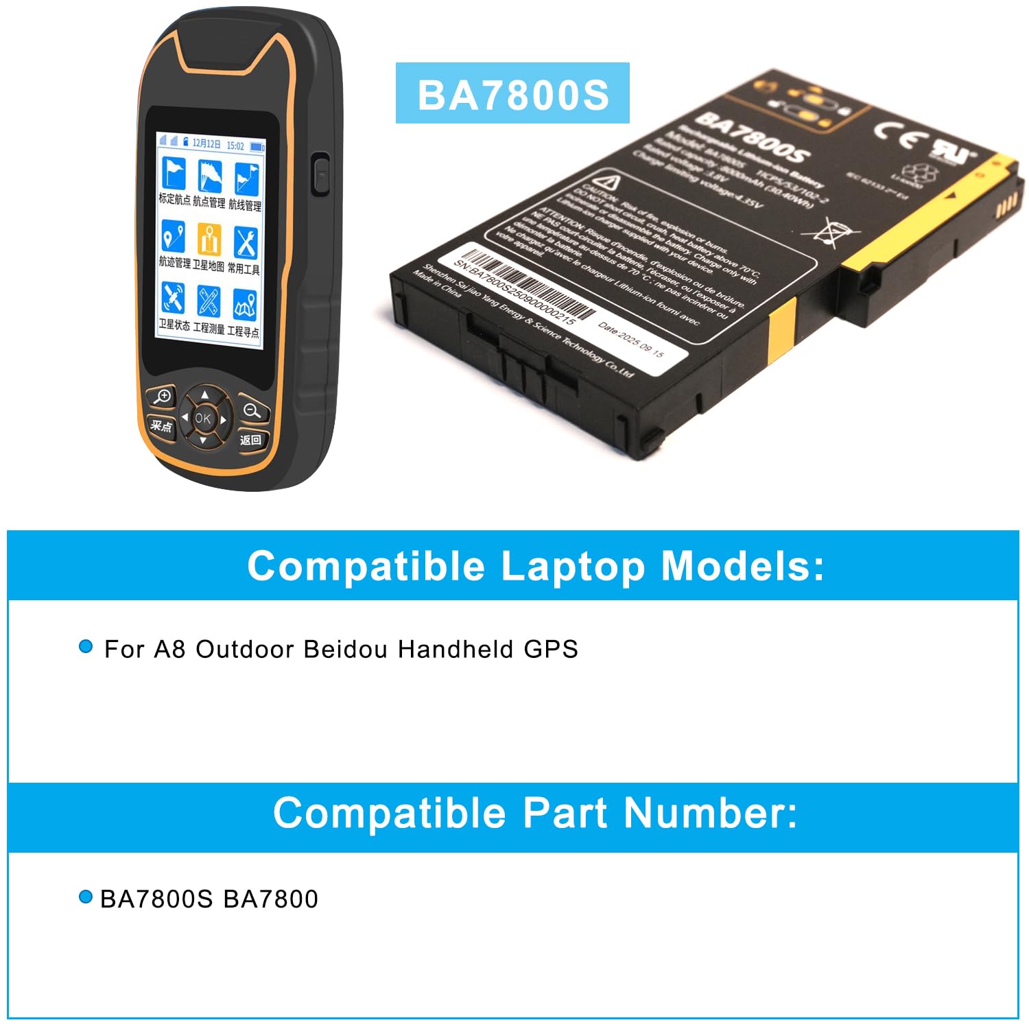 XITAIAN Batterie de rechange 3,8 V 30,4 Wh 8000 mAh BA7800S compatible avec GPS portatif A8 Outdoor Beidou