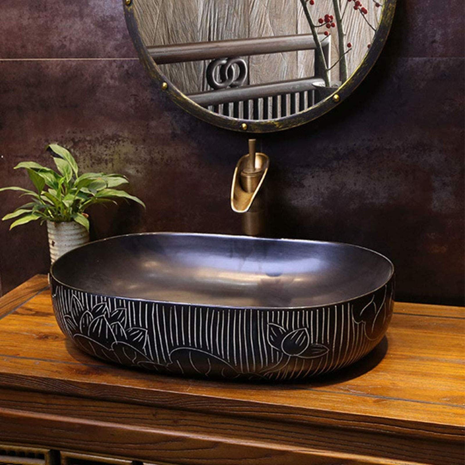 Umywalka ceramiczna Kamień naturalny Owalna wpuszczana Łazienka Czarny Lotos Sztuka retro Powyżej Umywalka nablatowa Owalna Umywalka ceramiczna Chińska