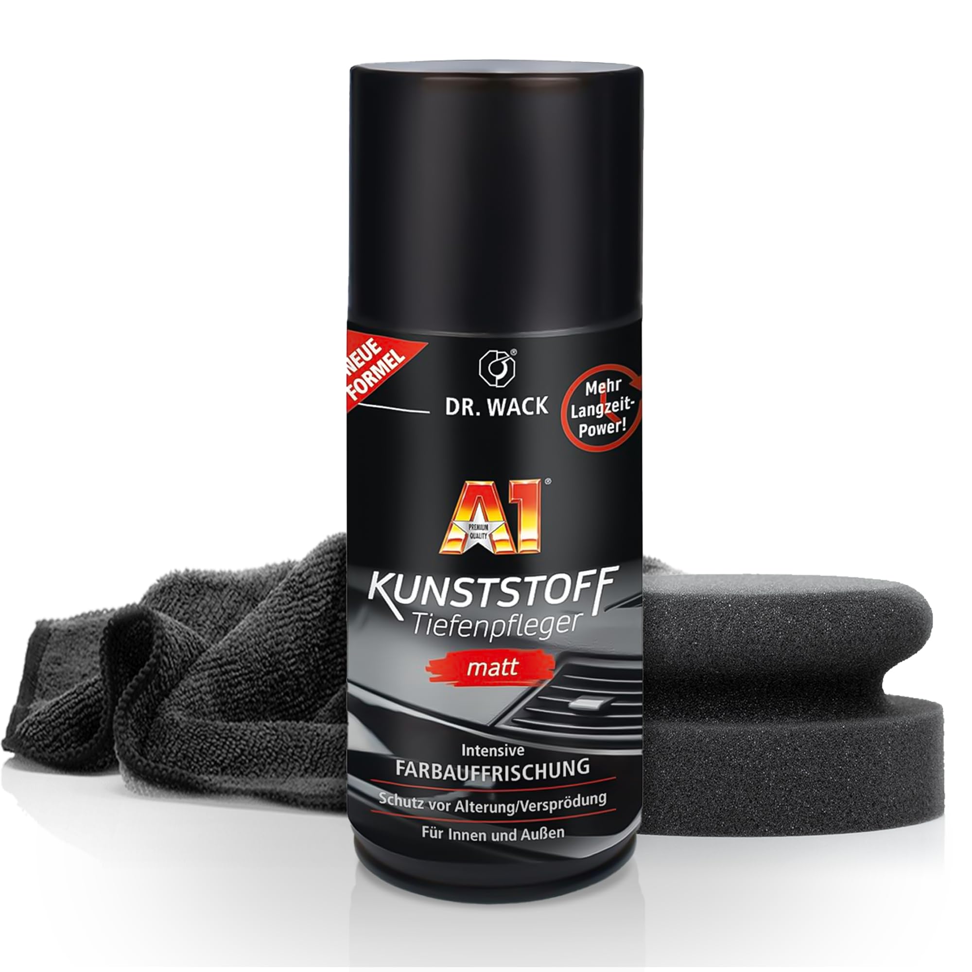 autopflege Auto Kunststoffpflege Set für Innen und Außen | Dr. Wack A1 Kunststoff Tiefenpfleger Matt 250ml + Auftragsschwamm + Poliertuch | Für Intensive Farbauffrischung & Pflege