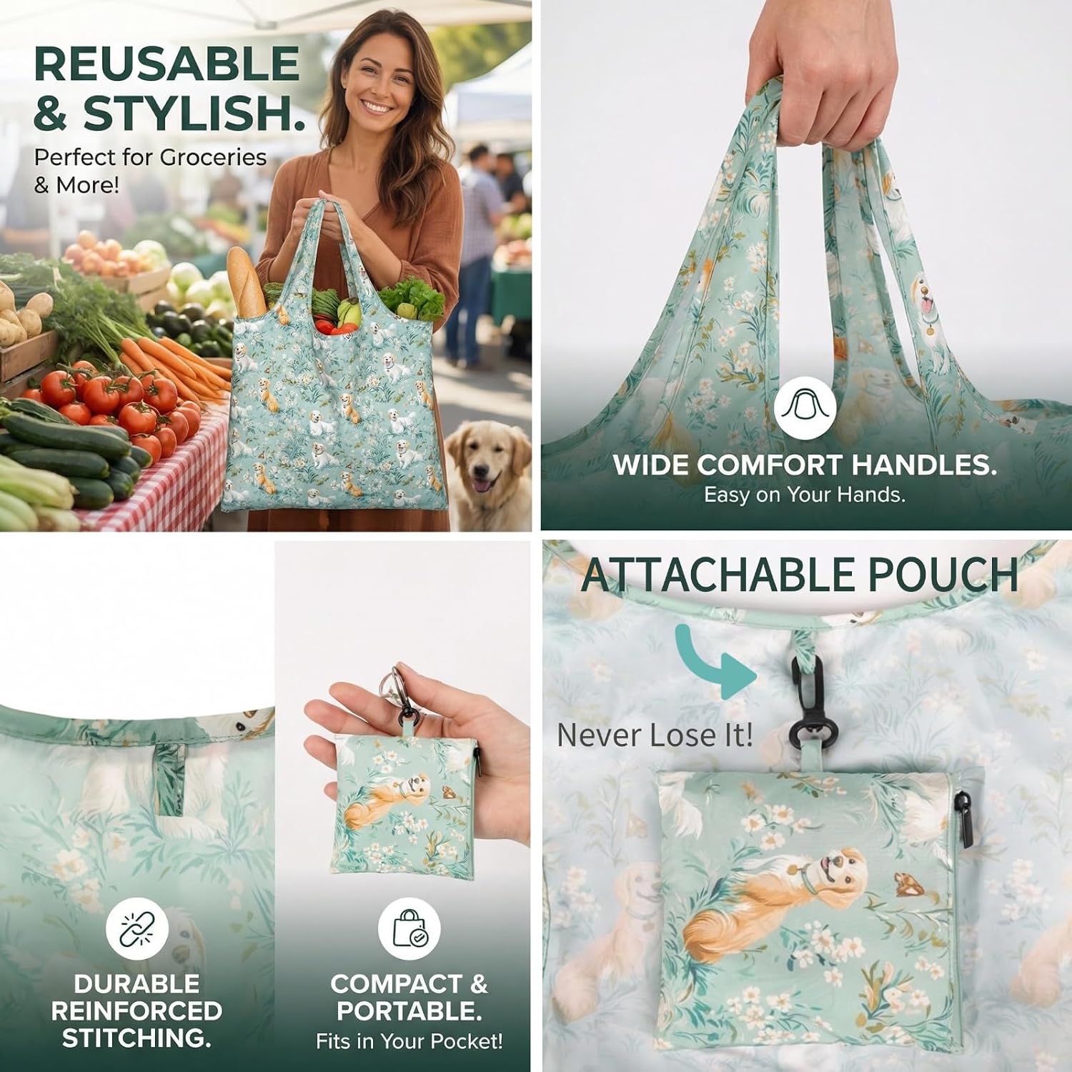JOVIUMII Reusable Grocery Bags 6 Pack Foldable Washable Packable 50LBS Large with Carry Buckle Inside with Carabiner Collapsible Shopping Bags Reusable Tote Bag