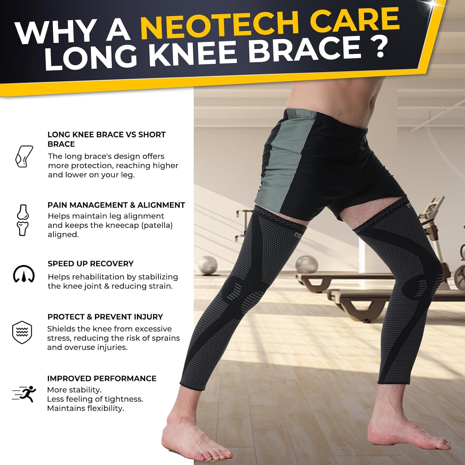 NeoTech Care Knee & Leg Support Brace - Breathable (Black Color, Size M, 1 Pair)