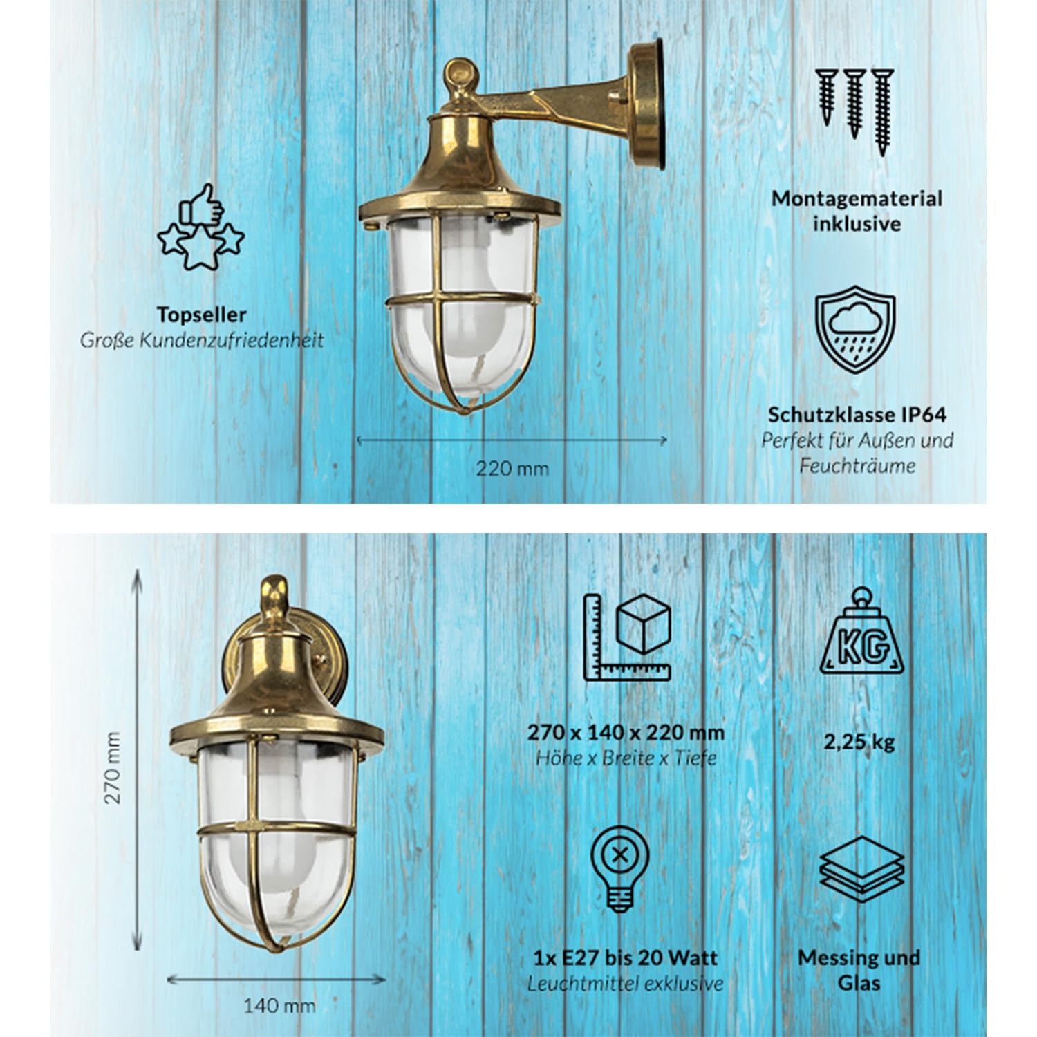Licht-Erlebnisse Lampada da parete in ottone, lampada da esterno marittima, lampada da nave, rustica, nostalgica, IP64, H:27 cm, E27, illuminazione esterna giardino, lampada da parete esterna balcone