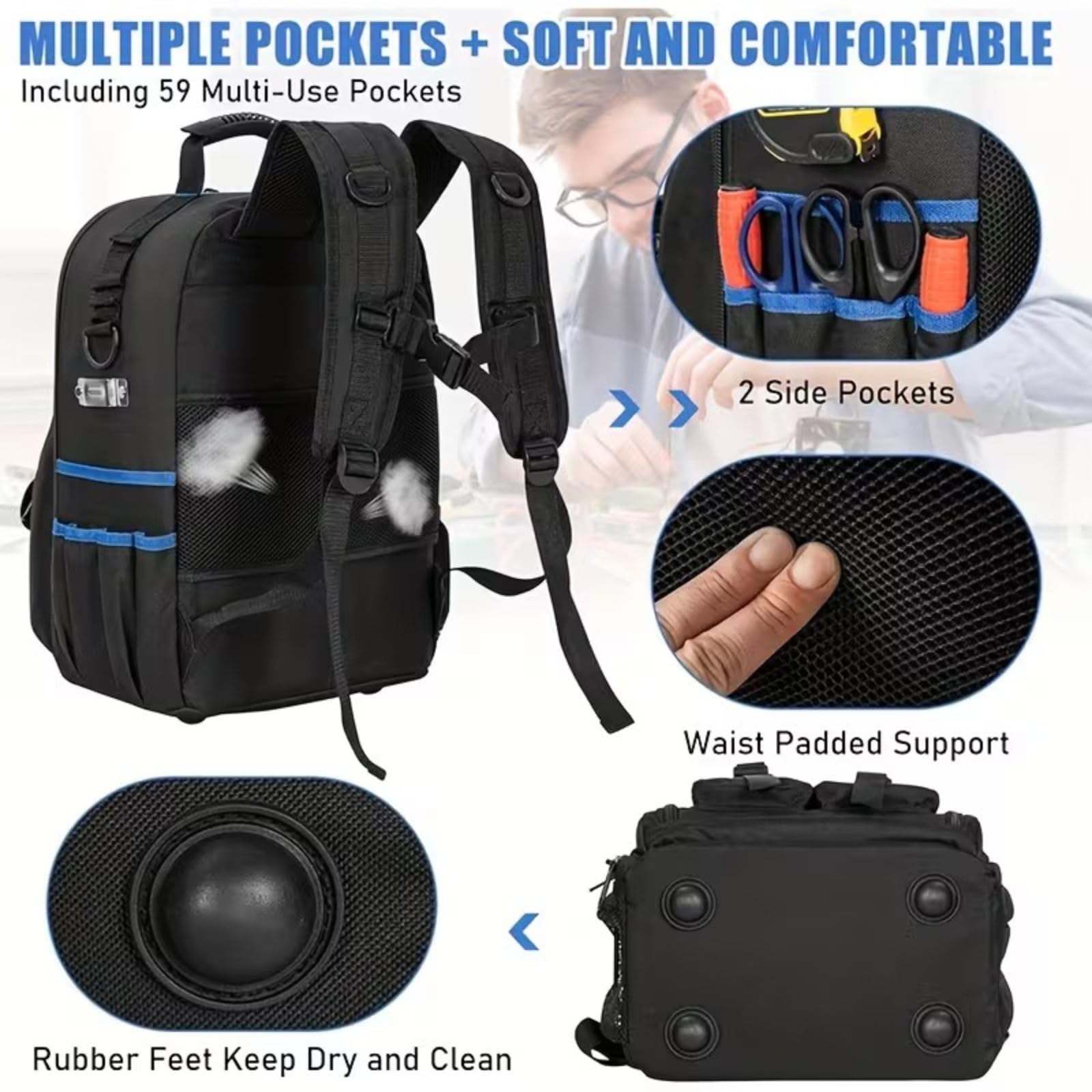 Zaino porta attrezzi 59 tasche resistente all'acqua organizzazione (Blu)