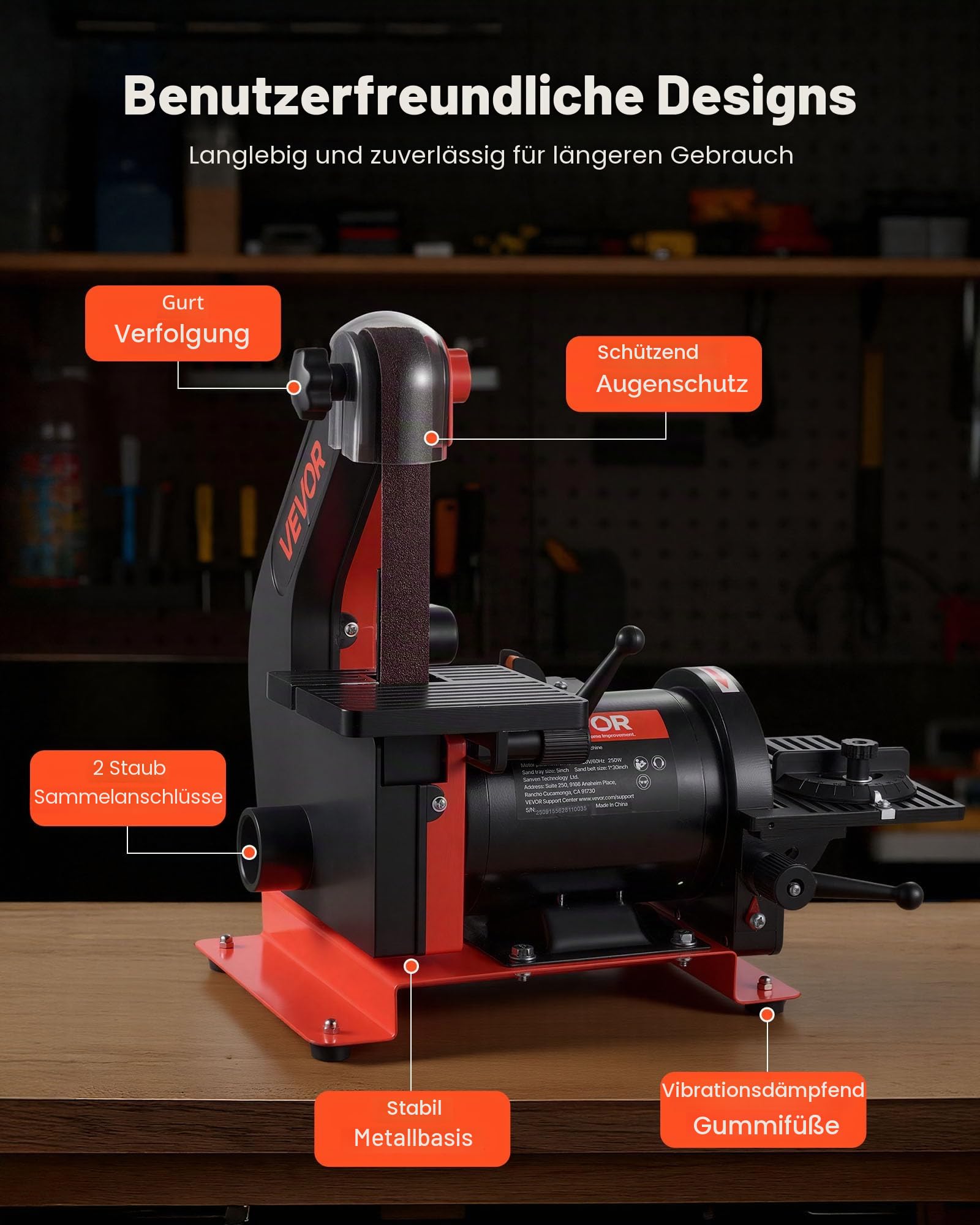 VEVOR Band-Tellerschleifer 250 W, 127 mm Tellerschleifer & 25,4x762 mm Bandschleifer, mit 0-45° verstellbarem Arbeitstisch & Staubabsauganschluss für Holzbearbeitung, Messerschärfen