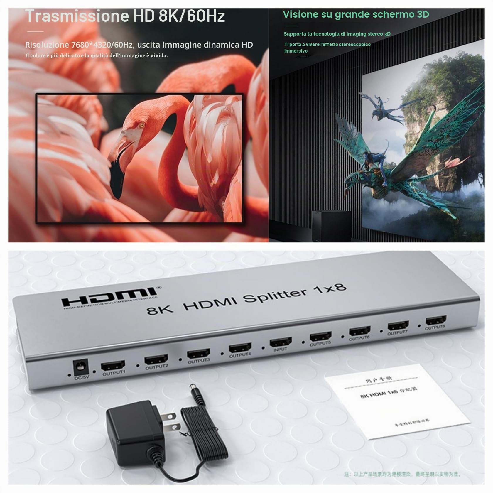 8K 60HZ HDMI Splitter 1X8, 1 in 8 Out HDMI Video Splitter Audio Video Converter con EDID Dimensioni ridotte per DVD PS4 fotocamera PC HDTV (1X8)