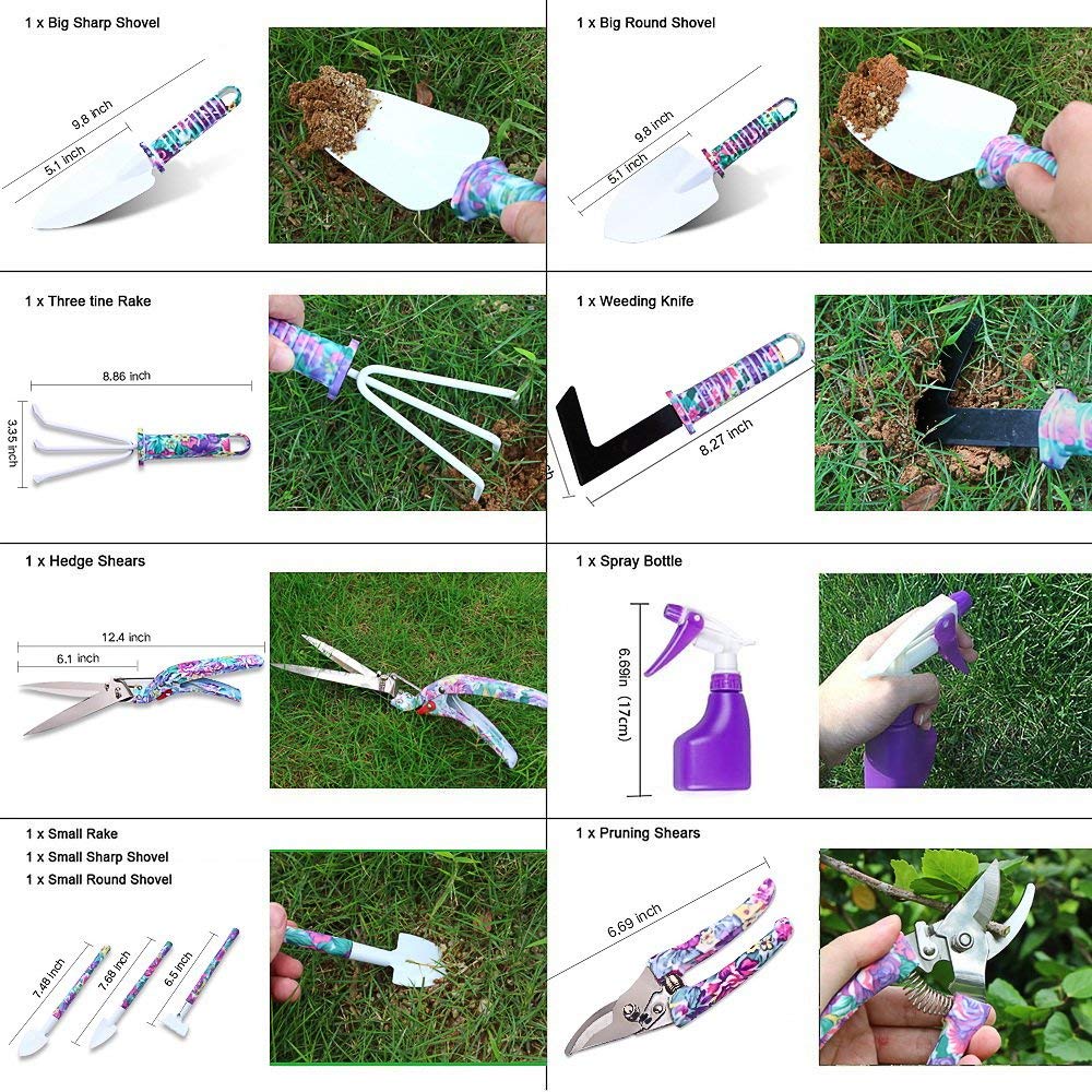 Set Attrezzi da Giardino, 11 Pezzi Regali da Giardinaggio, Impugnatura Ergonomica, Cazzuola, Rastrello, Pale, Potatore, Cesoie, Spruzzatore, Guanti, Custodia per il Trasporto