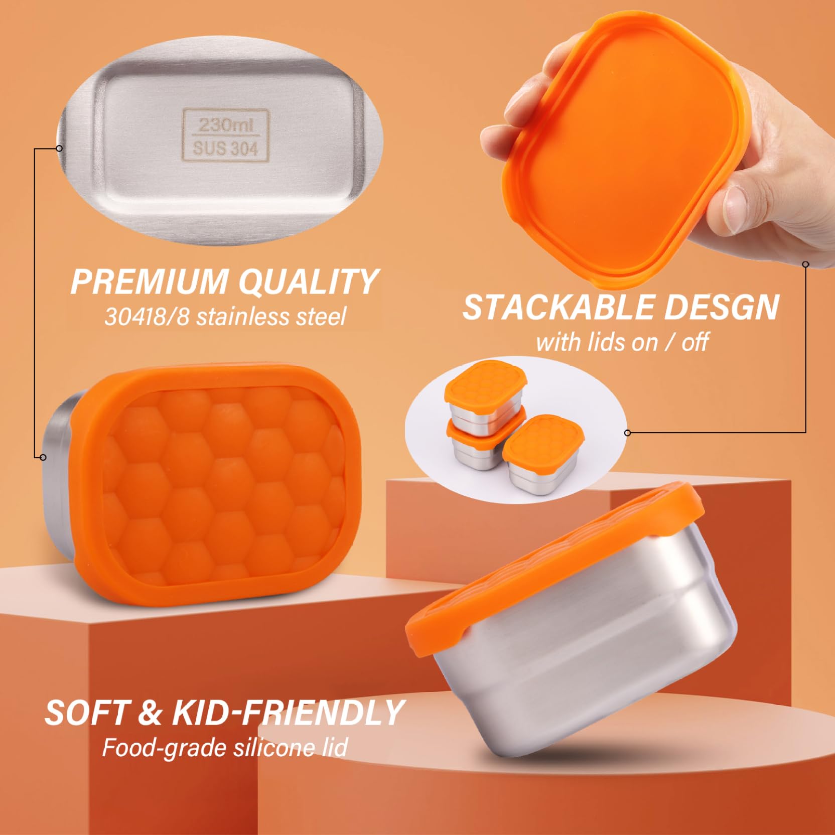 Fiambrera De Acero Inoxidable Para Niños, 3 Unidades De 230 Ml, Contenedor Con Tapa, Recipientes Herméticos Para Almacenamiento De Alimentos Pulidos, Contenedor De Almuerzo De Acero Inoxidable Para El