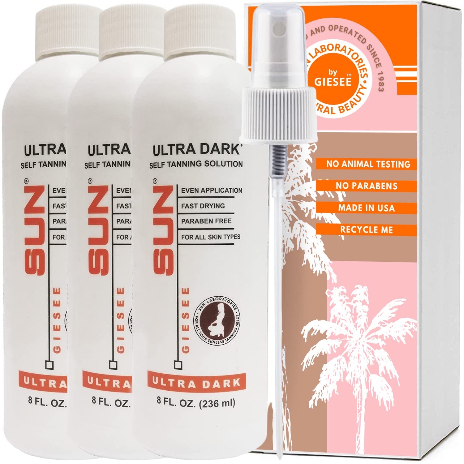 Self Tanning Spray by Sun Laboratories 8oz (3-Pack) - Best Sunless Tanning Solution - Ultra Dark Self Tanner - Natural Sunless Airbrush, Body and Face for Bronzing and Golden Tan (Packaging May Very)