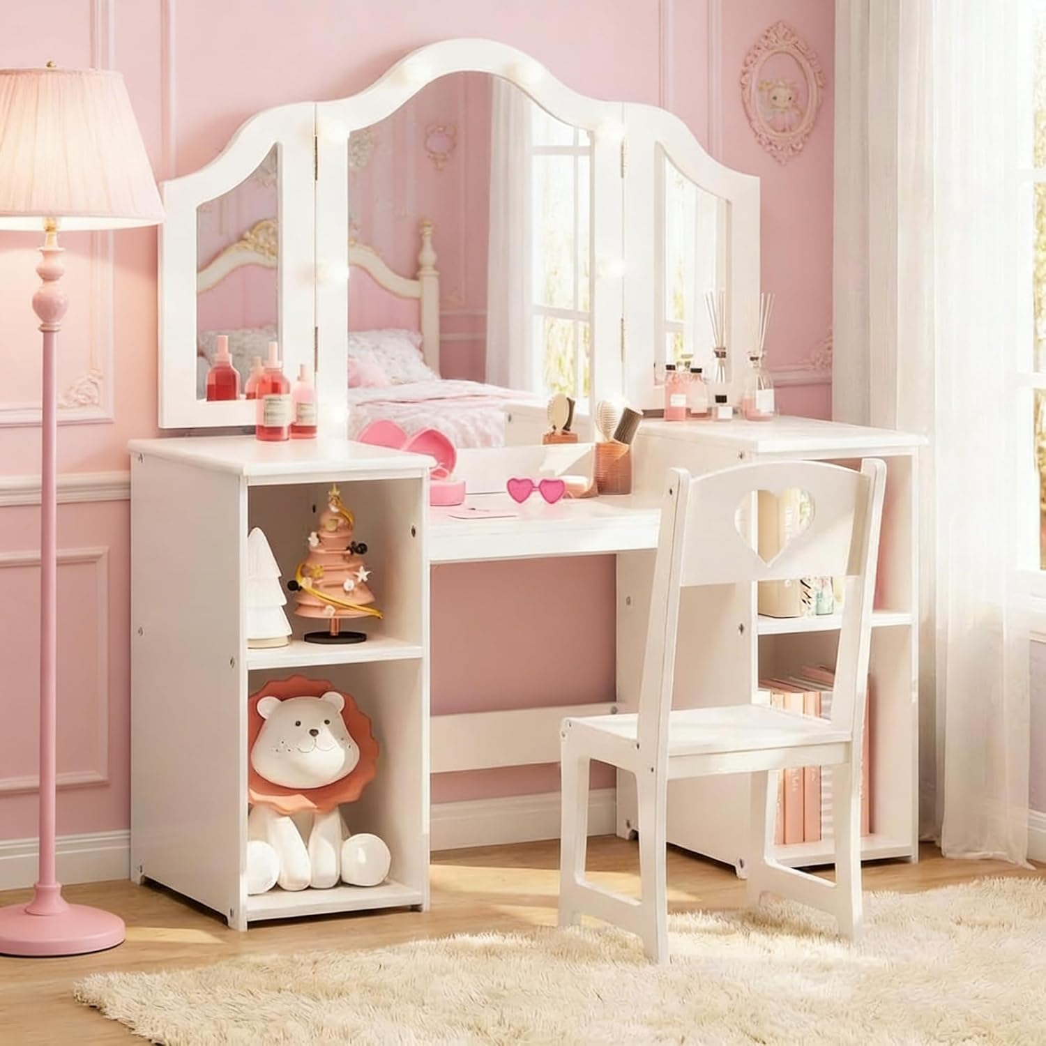 Girls Vanity with Lights and Chair 2-in-1 Princess Kids Vanity Table & Chair Set – Tri-Folding Lighted Mirror, Storage Drawer, High Back Chair, Convertible Wooden Makeup Desk Gift for Toddlers