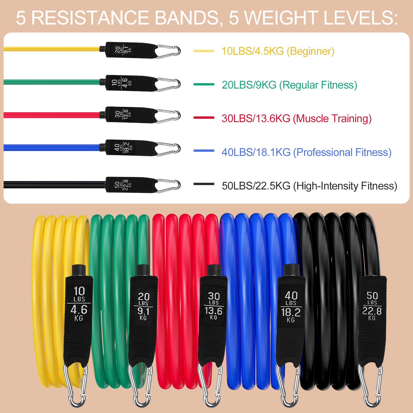 Elastici Fitness, Bande Elastiche 5 Livelli di Resistenza, Elastici Palestra, Elastici per Allenamento con Maniglie, Ancoraggio, Cinturino Alla Caviglia, Resistance Bands per Yoga, Pilates