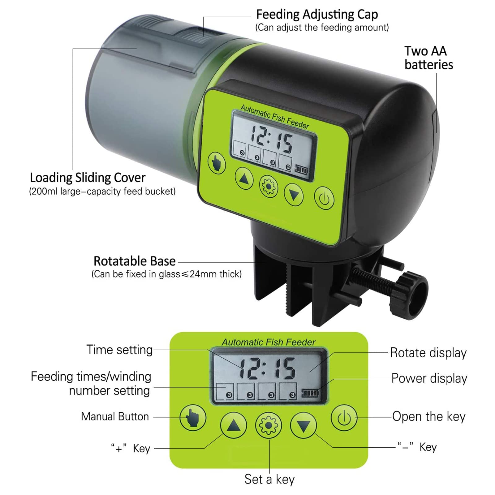Distributore Automatico Cibo Pesci,200 Ml Alimentatore Automatico Acquario, Mangiatoia Acquario con Schermo LCD, Adatto per Acquario & Serbatoio per Pesci E Tartarughe